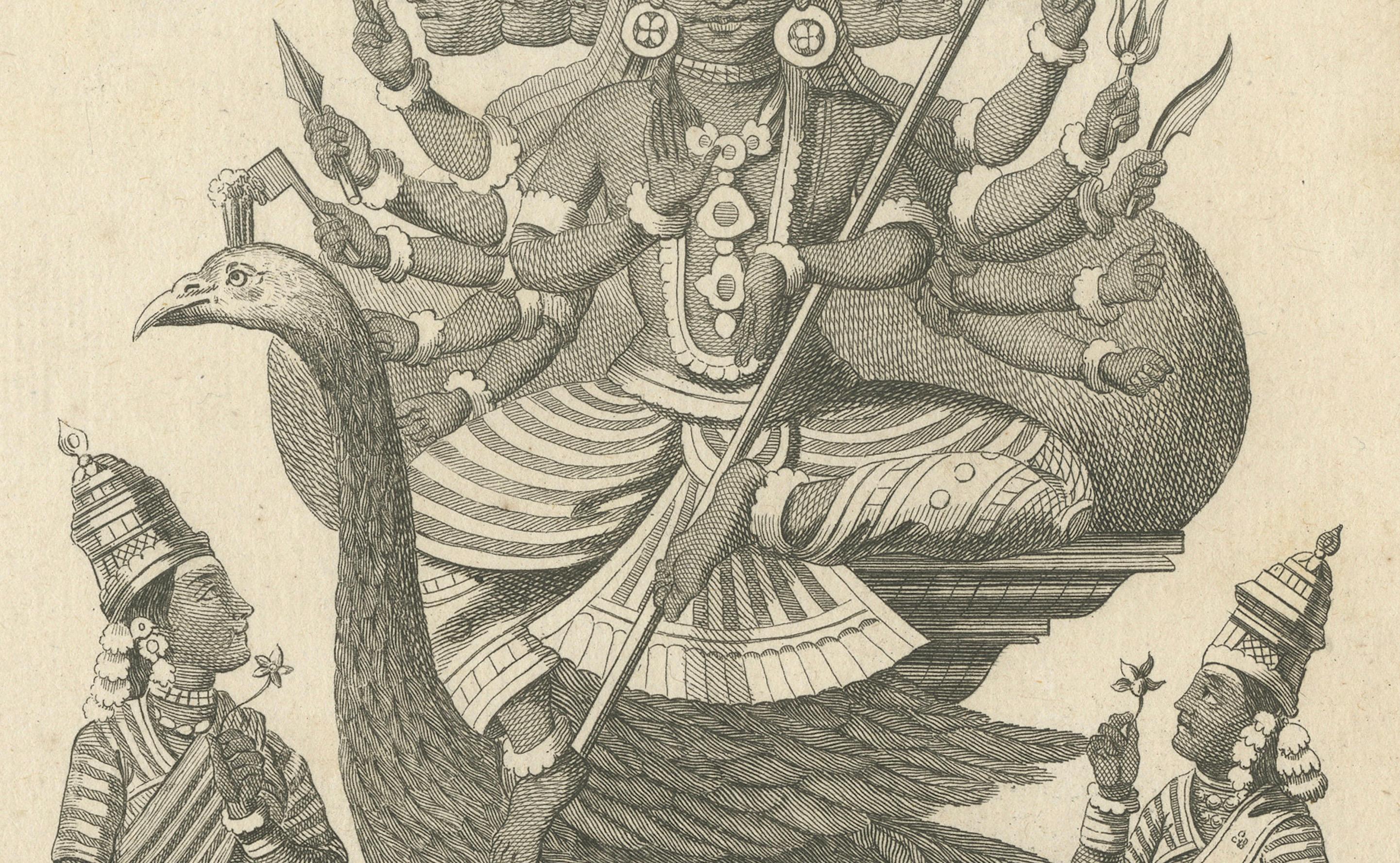 Stunning 1808 Engraving: Subramanya on Peacock, War Deity in Hindu Mythology In Good Condition For Sale In Langweer, NL