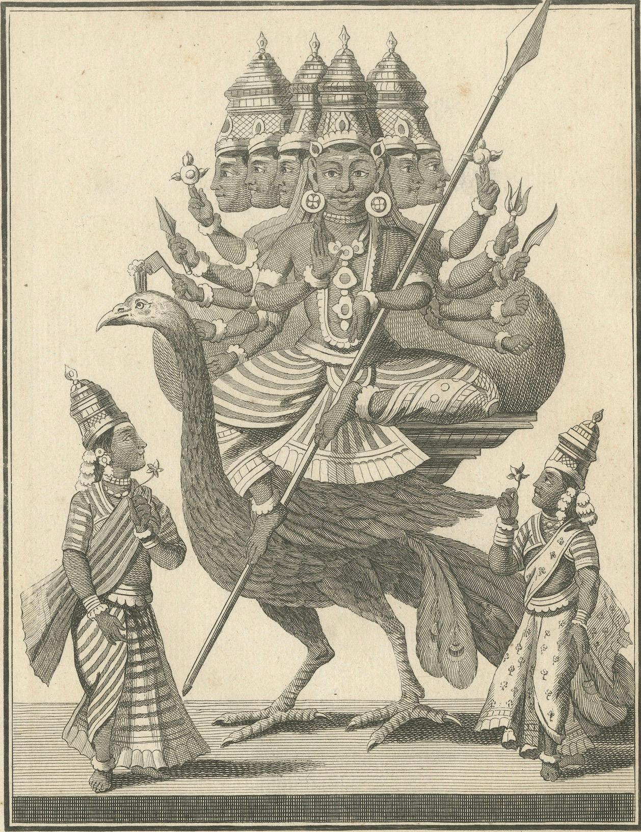 Paper Stunning 1808 Engraving: Subramanya on Peacock, War Deity in Hindu Mythology For Sale