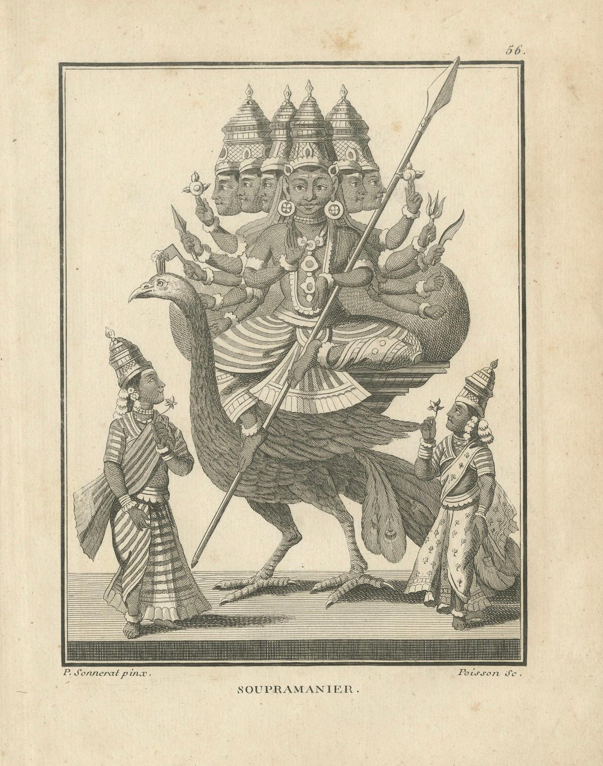 Stunning 1808 Engraving: Subramanya on Peacock, War Deity in Hindu Mythology For Sale 1