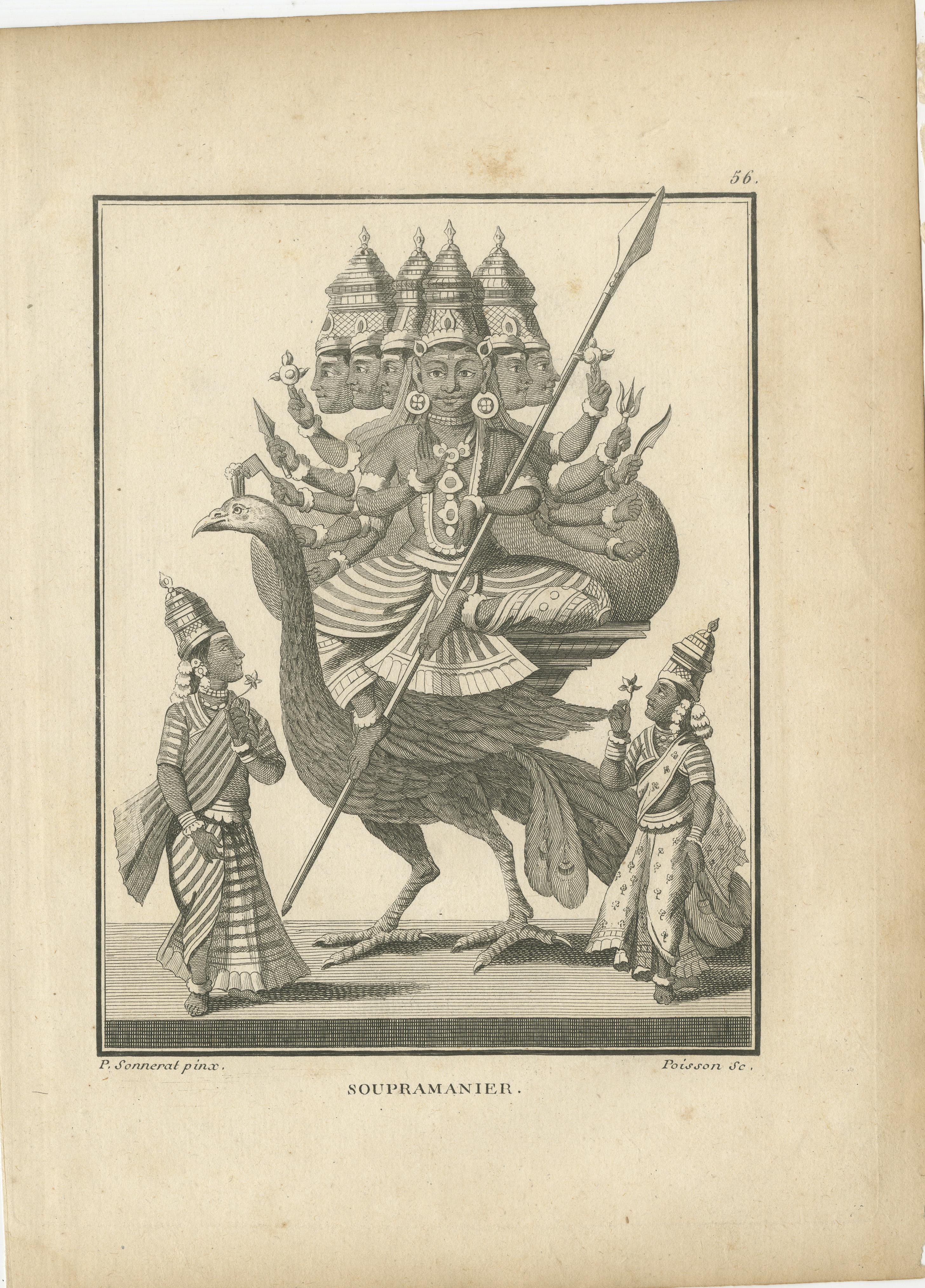 Stunning 1808 Engraving: Subramanya on Peacock, War Deity in Hindu Mythology For Sale 2