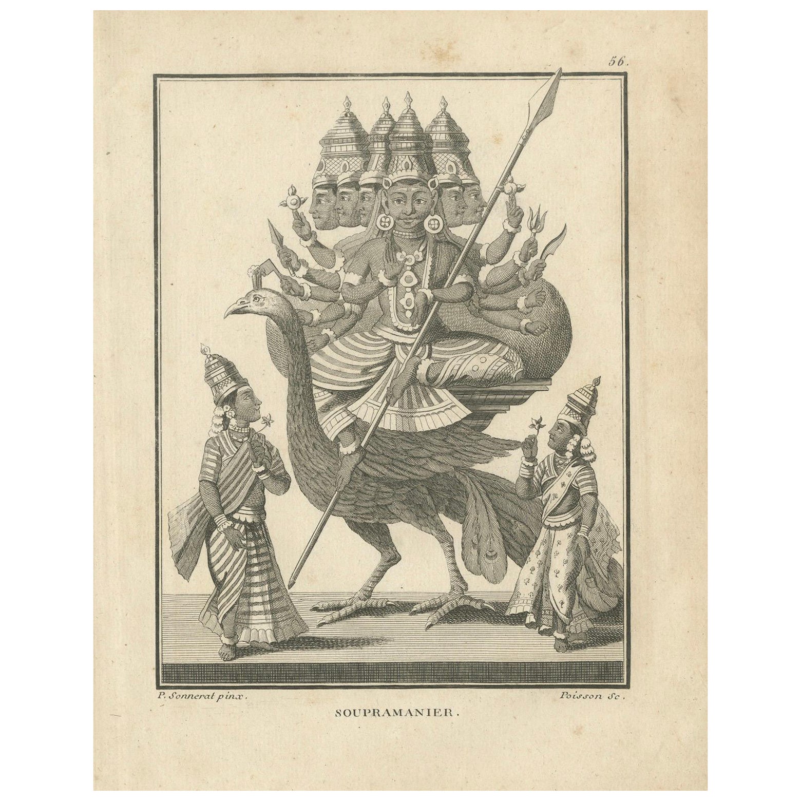 Stunning 1808 Engraving: Subramanya on Peacock, War Deity in Hindu Mythology For Sale