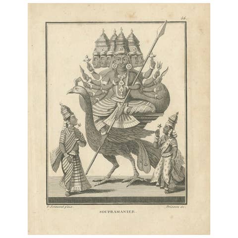 Stunning 1808 Engraving: Subramanya on Peacock, War Deity in Hindu Mythology