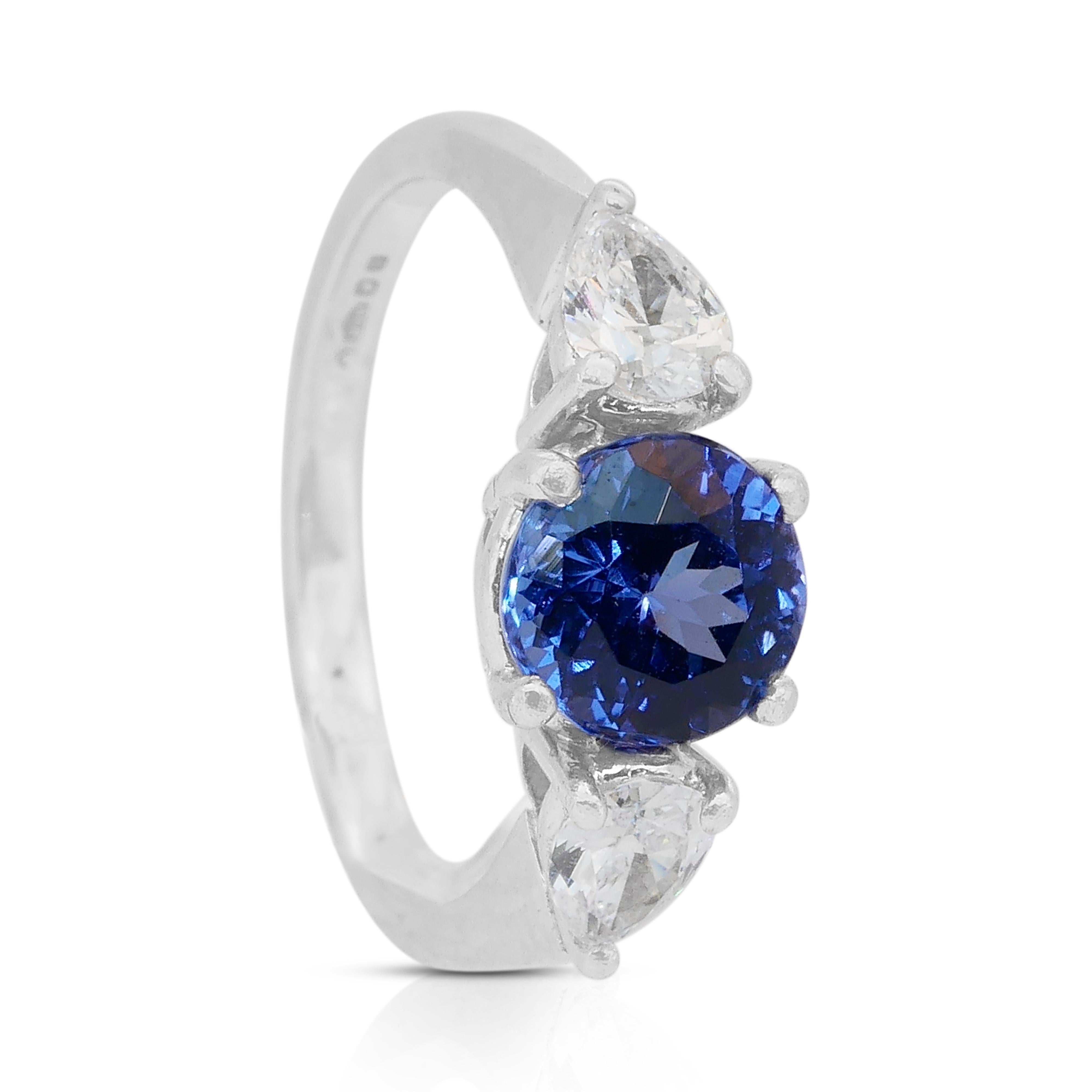Women's Stunning 1.80ct Tanzanite and Diamonds 3-Stone Ring in Platinum - IGI Certified For Sale