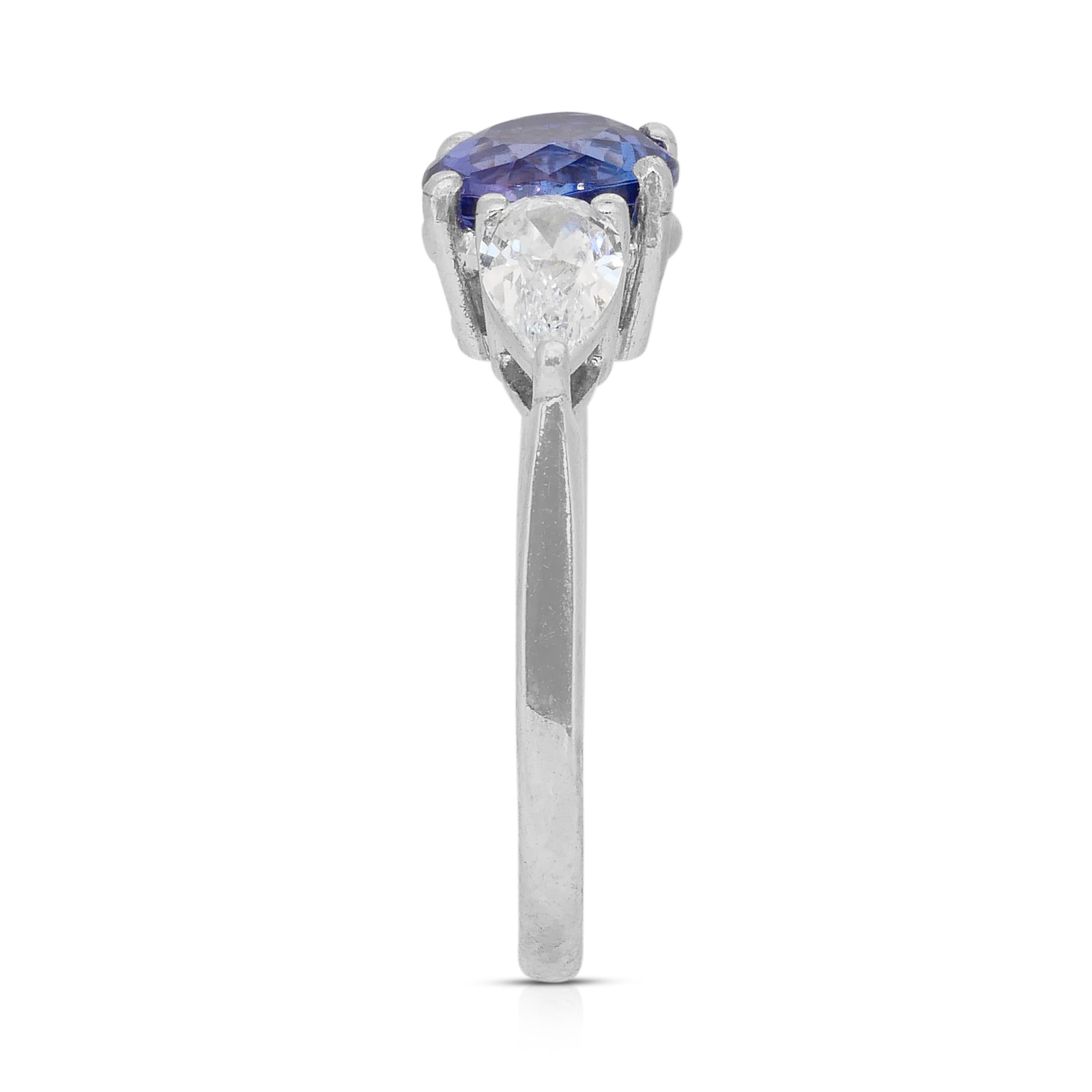 Stunning 1.80ct Tanzanite and Diamonds 3-Stone Ring in Platinum - IGI Certified For Sale 2