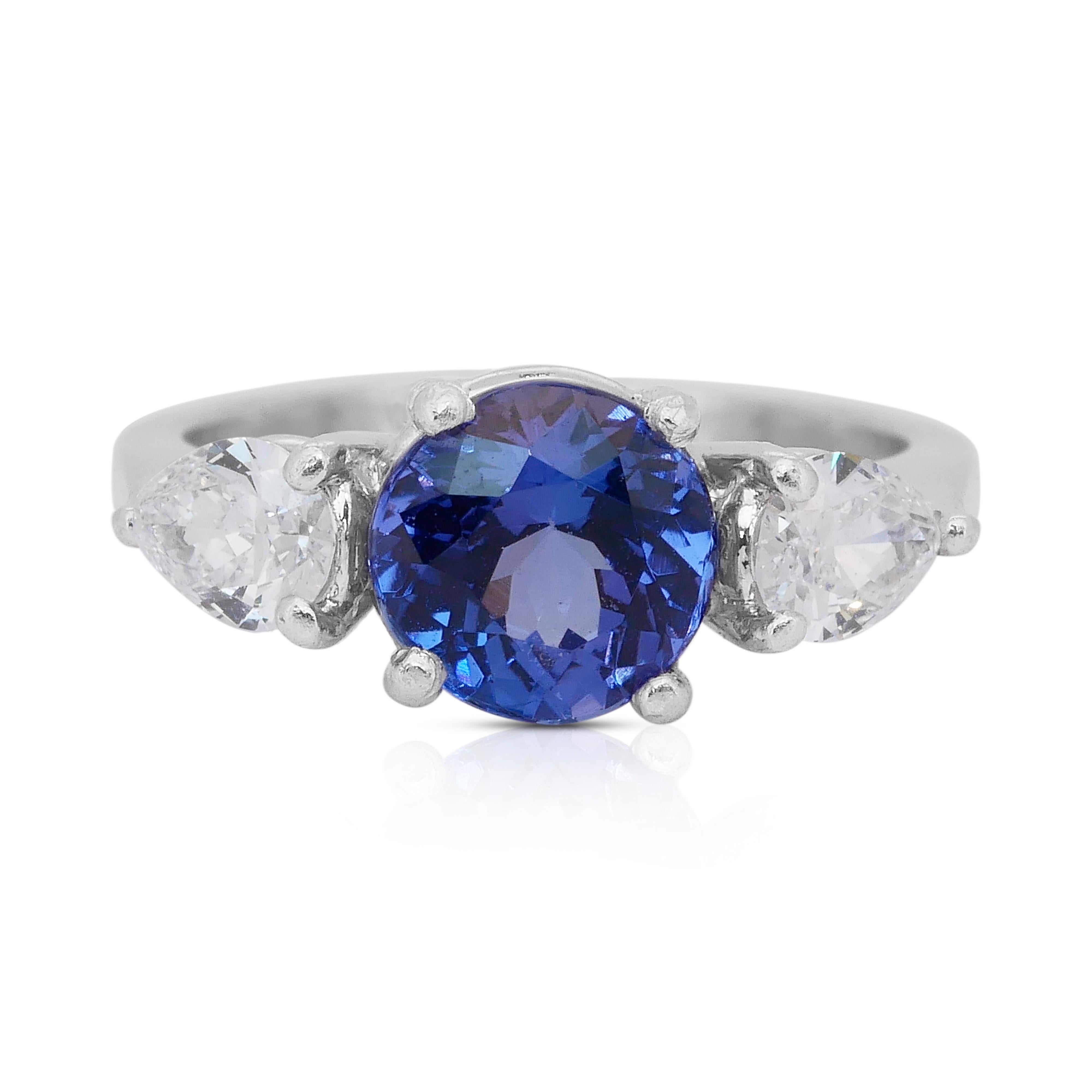 Stunning 1.80ct Tanzanite and Diamonds 3-Stone Ring in Platinum - IGI Certified For Sale 4