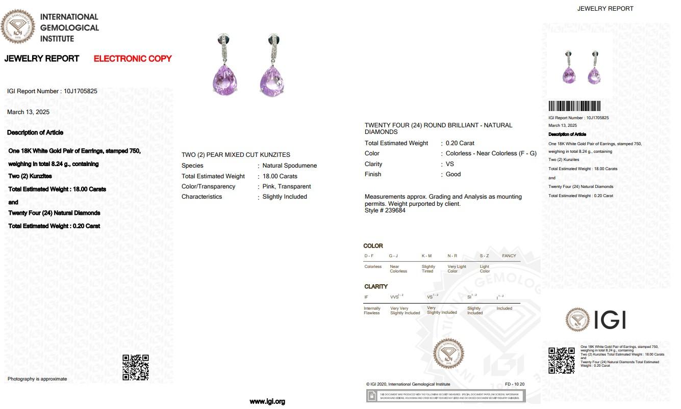 Stunning 18.20ct Kunzites and Diamonds Drop Earrings in 18k White Gold For Sale 1