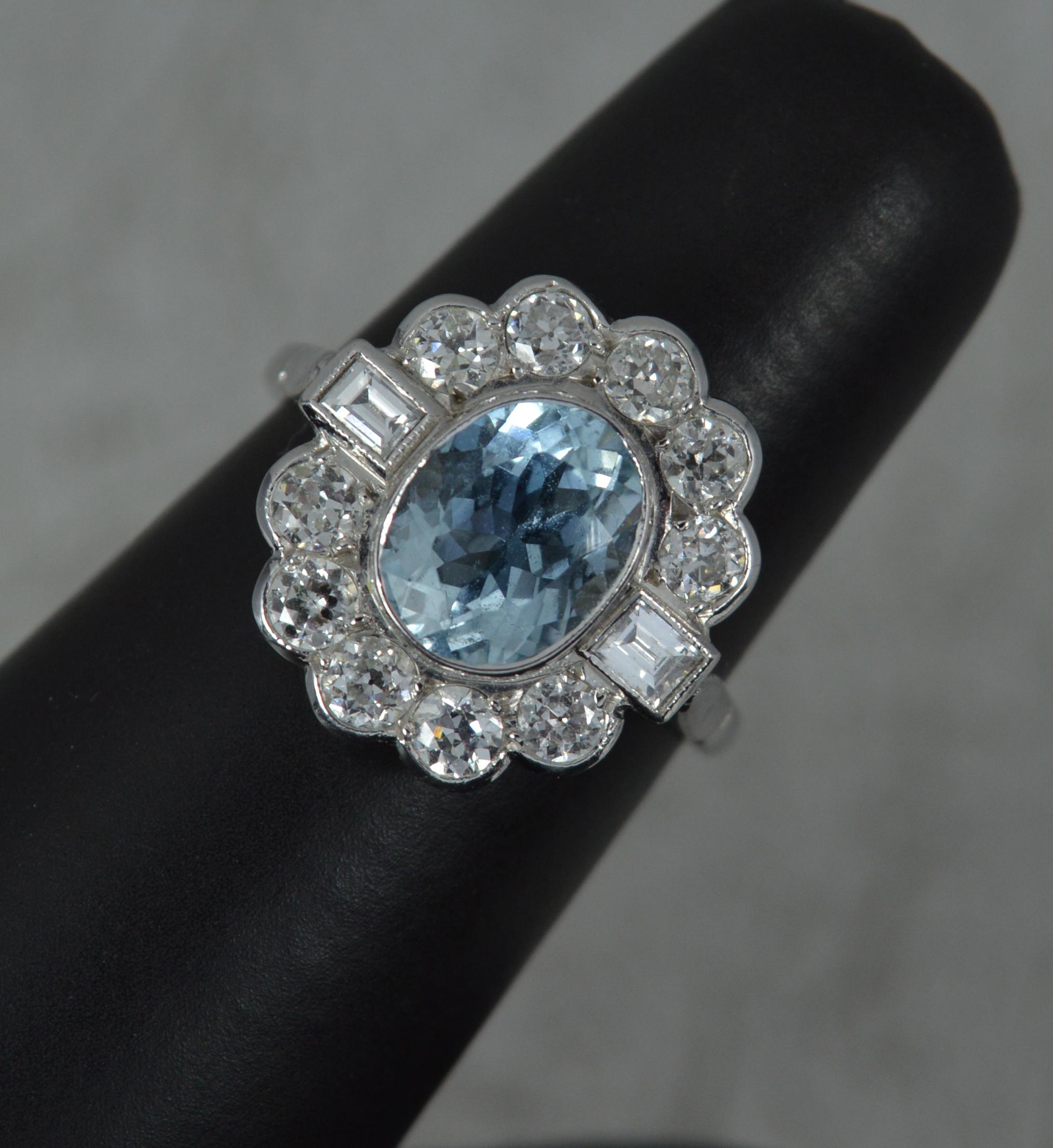Stunning 18ct White Gold Aquamarine & 1ct Old Cut Diamond Cluster Ring For Sale 1