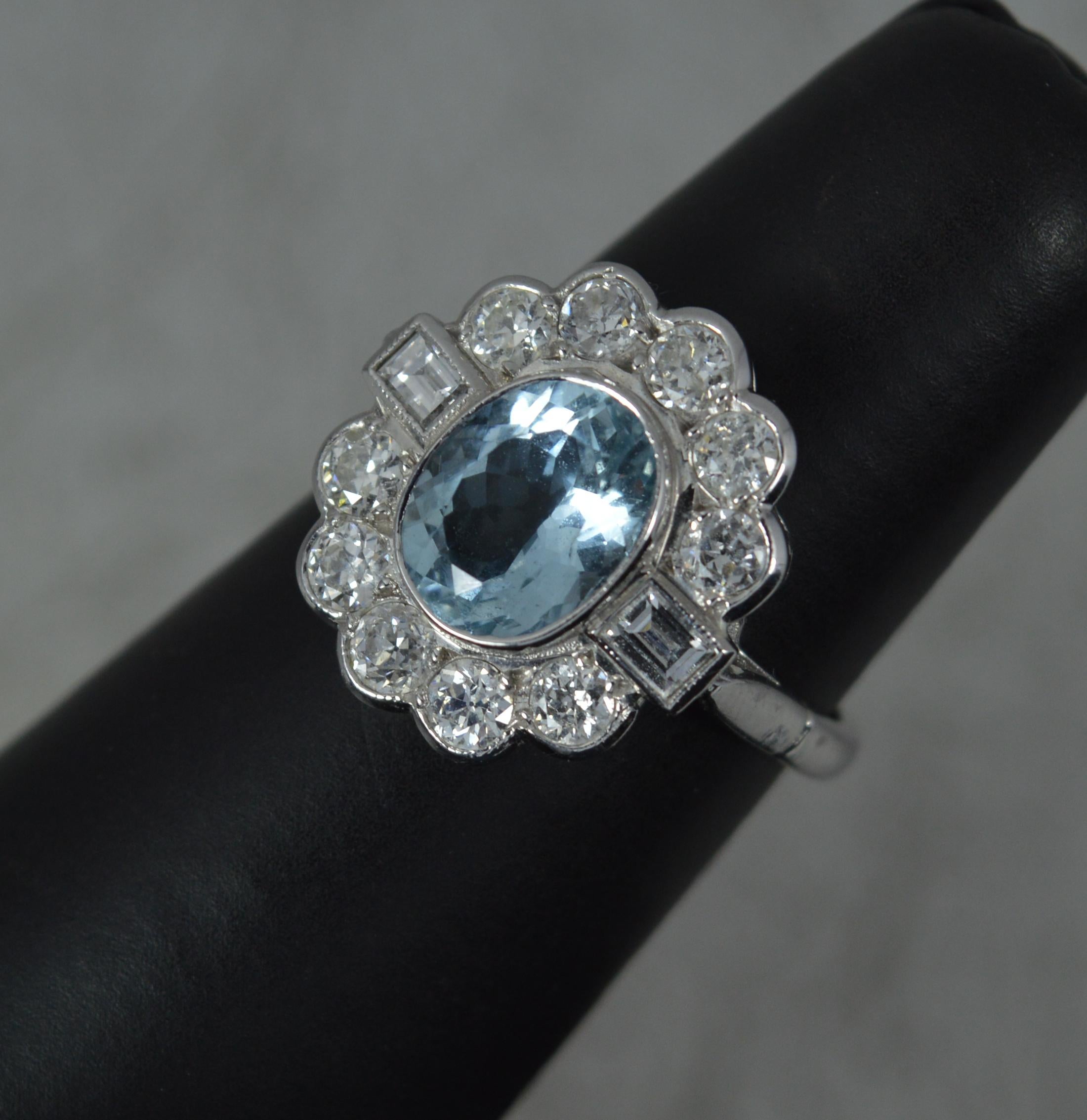 Stunning 18ct White Gold Aquamarine & 1ct Old Cut Diamond Cluster Ring For Sale 2