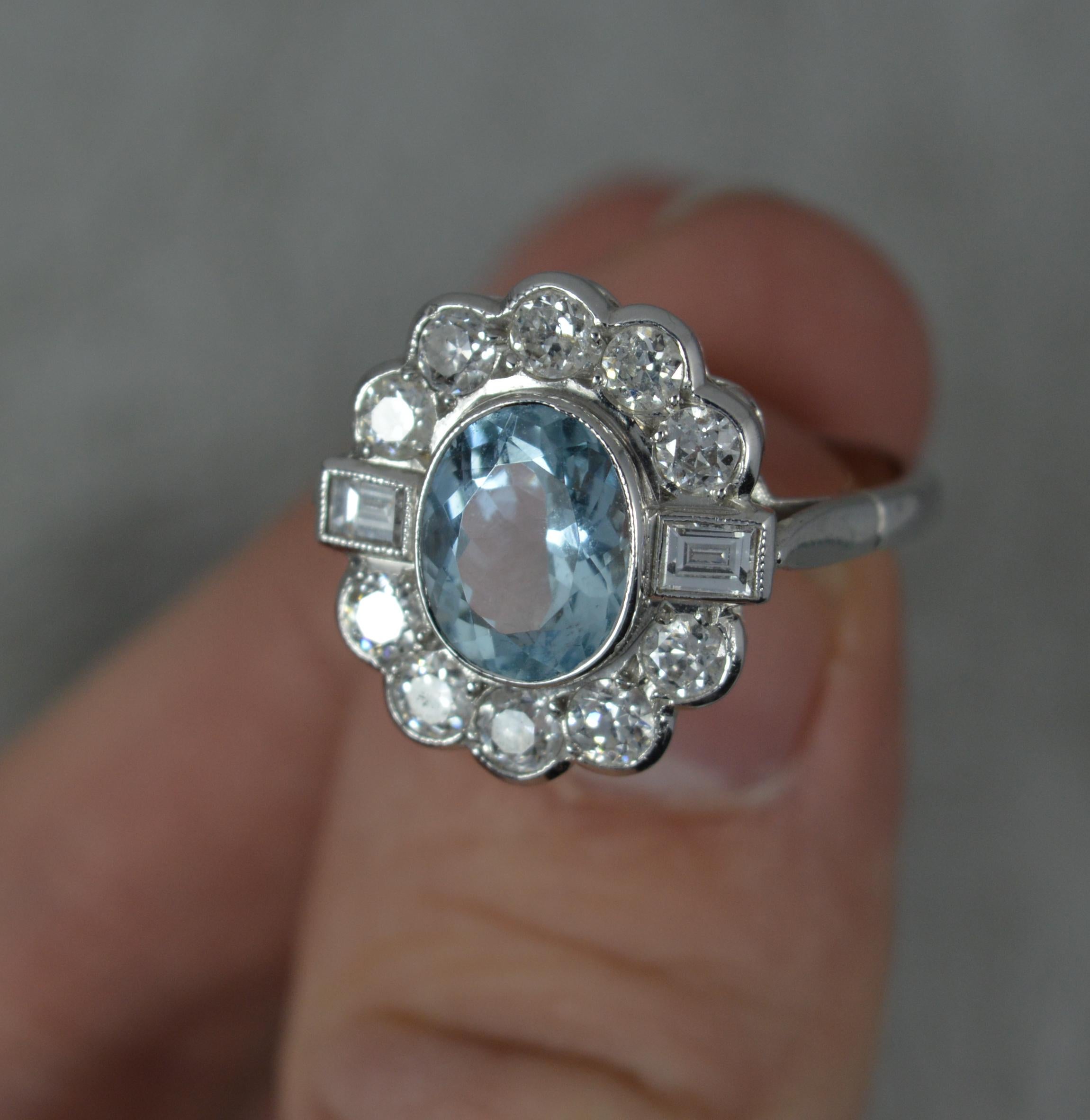 Art Deco Stunning 18ct White Gold Aquamarine & 1ct Old Cut Diamond Cluster Ring For Sale
