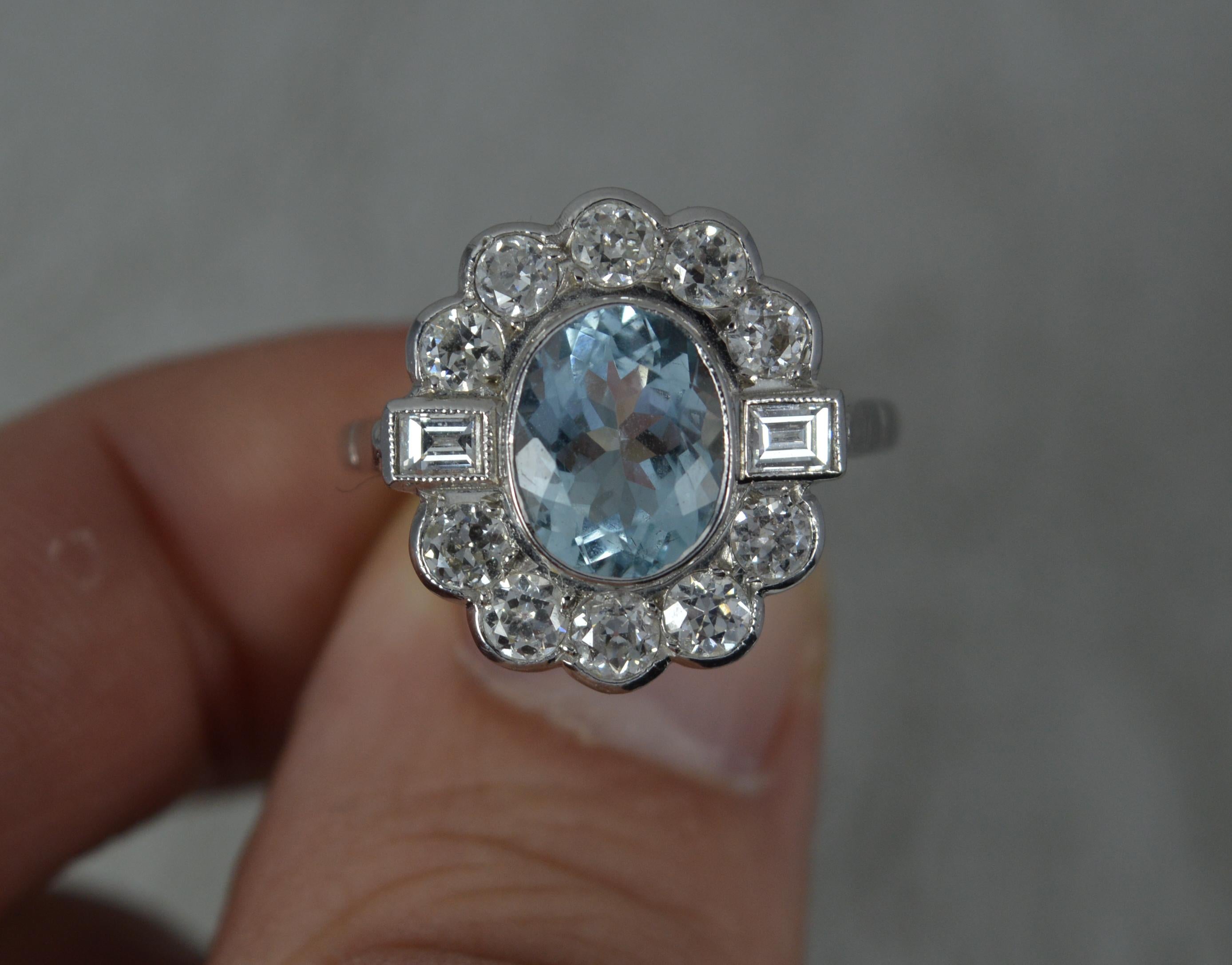 Women's Stunning 18ct White Gold Aquamarine & 1ct Old Cut Diamond Cluster Ring For Sale