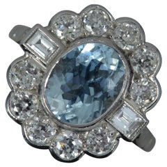 Atemberaubender 18 Karat Weißgold Aquamarin & 1 Karat Altschliff Diamant-Cluster-Ring