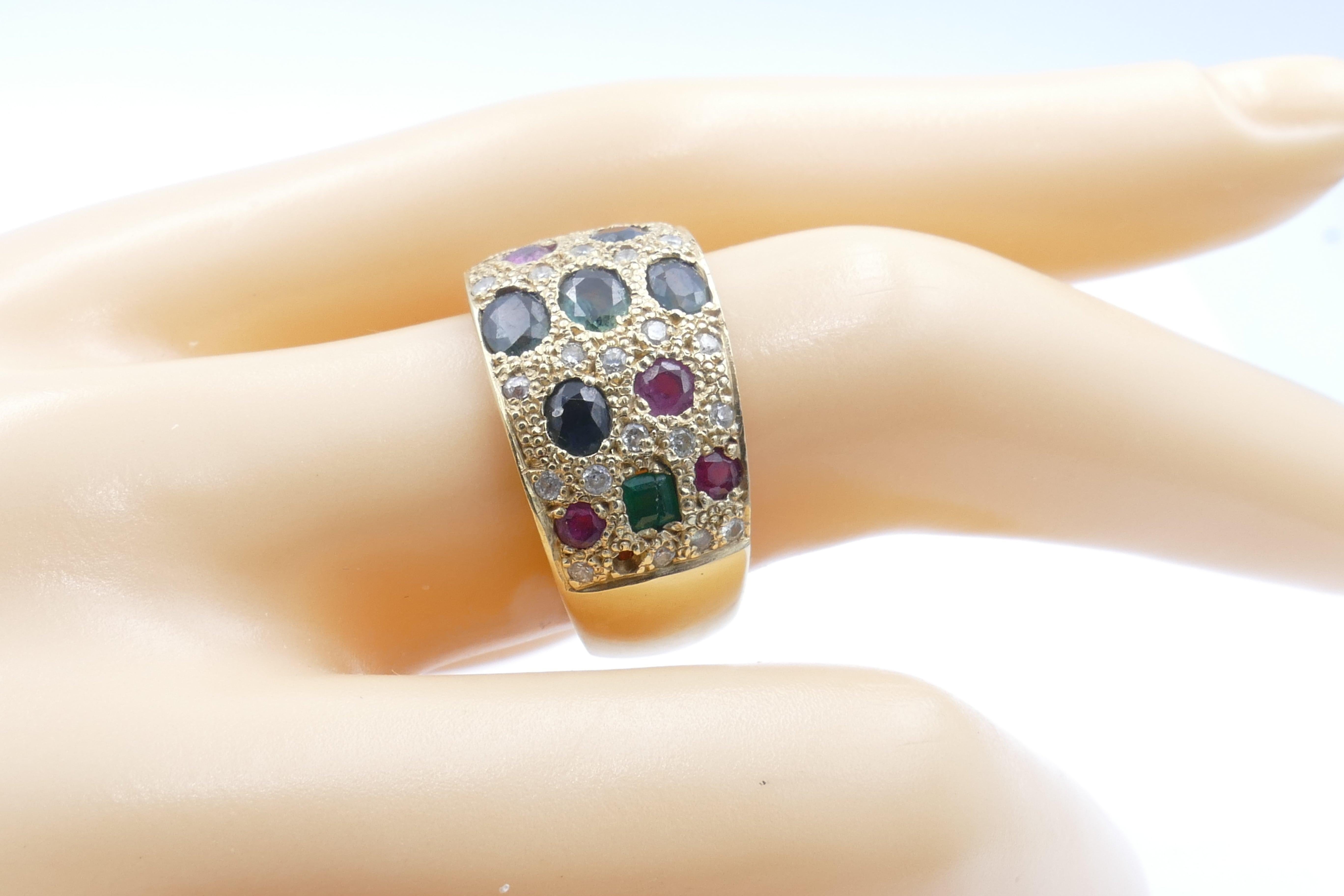 Stunning 18ct Yellow Gold Emerald, Sapphire & Ruby Wide Band Dress Ring In New Condition For Sale In Splitter's Creek, NSW