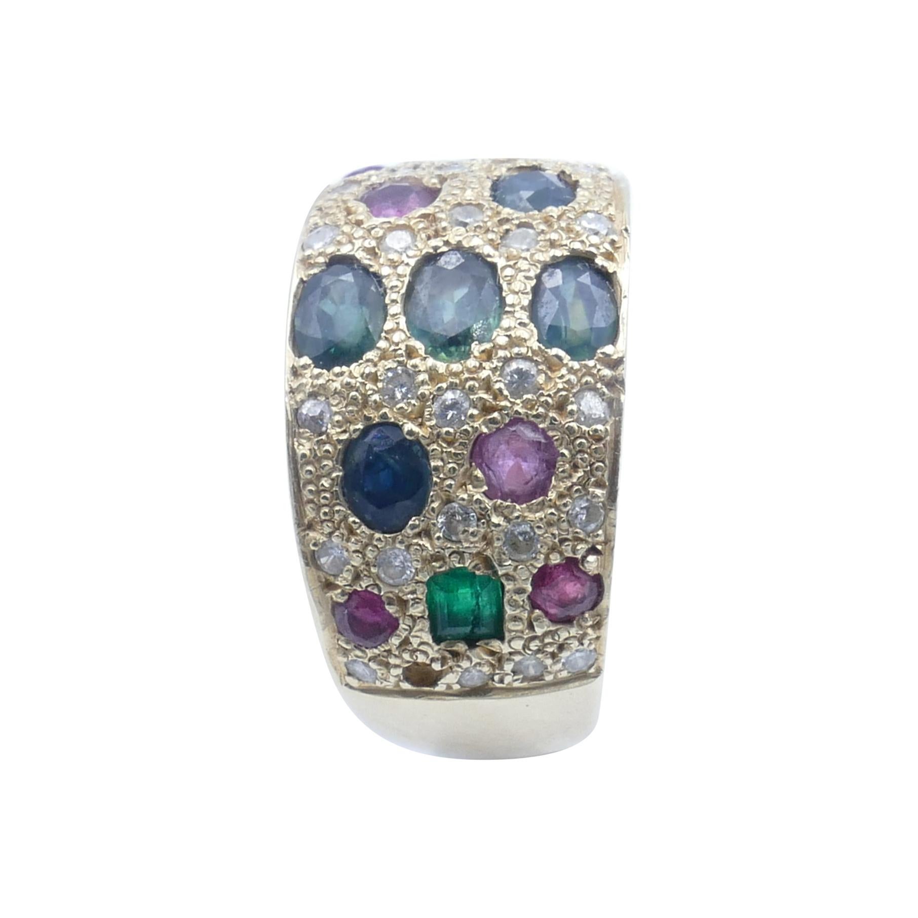 Stunning 18ct Yellow Gold Emerald, Sapphire & Ruby Wide Band Dress Ring For Sale