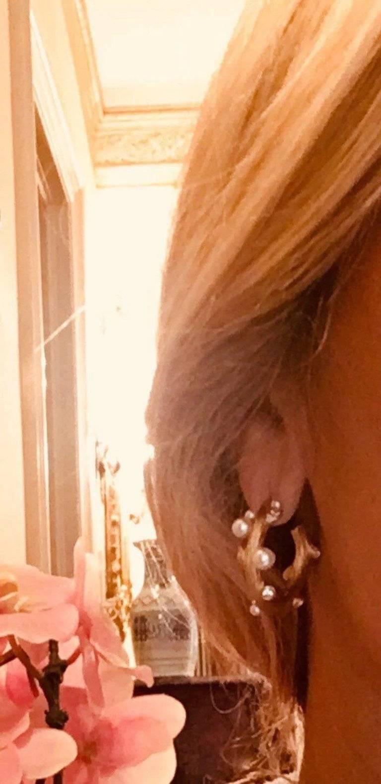 Round Cut Mouawad Gold Diamond Pearl Pierced Hoop Earrings