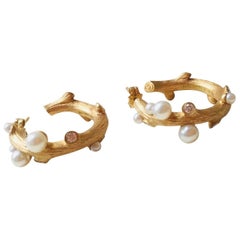 Mouawad Gold Diamond Pearl Pierced Hoop Earrings