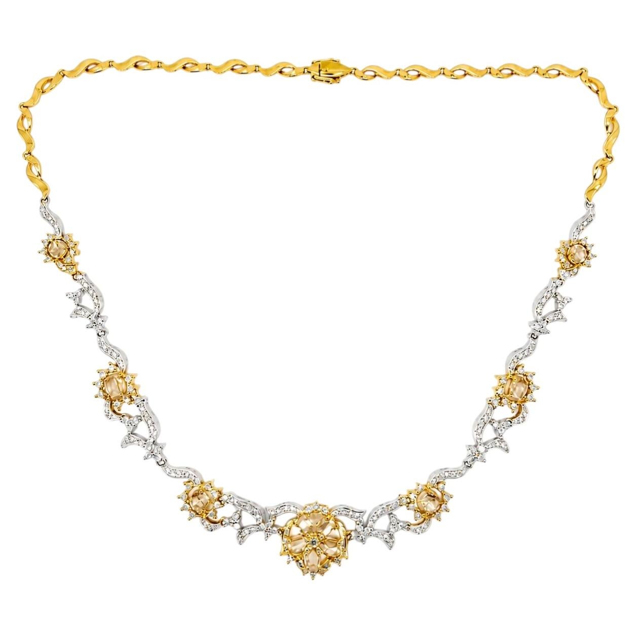 Stunning 18K Two Tone 5.97 Carat Rose Cut Diamond Flower Necklace - 16.5 inches
