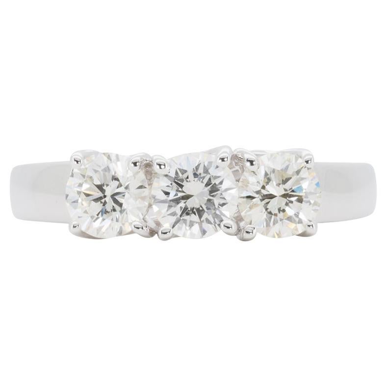 Stunning 18k White Gold 3 Stone Diamond Ring w/1.20 ct - IGI Certified For Sale