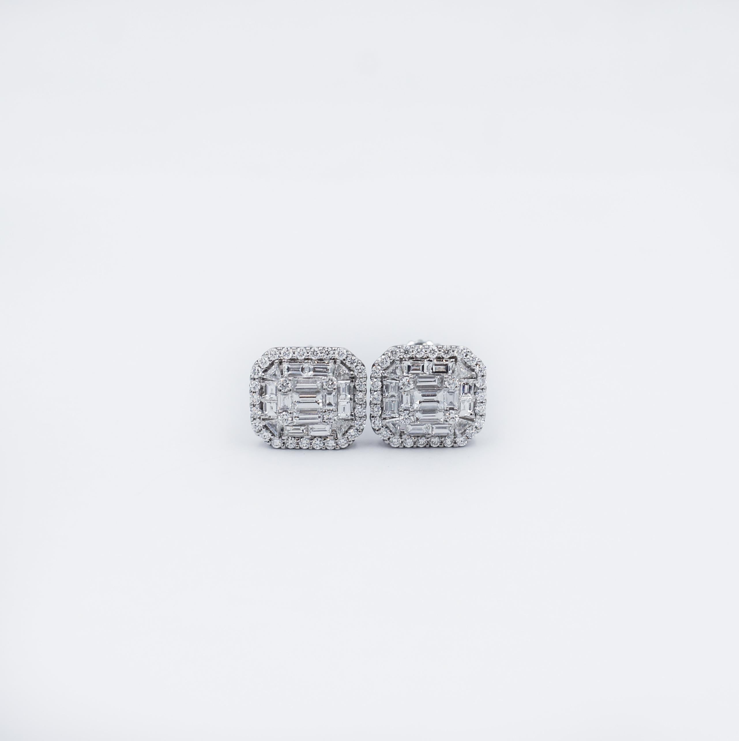 Brilliant Cut Stunning 18K White Gold Diamond Baguette Cluster Stud Earrings For Sale