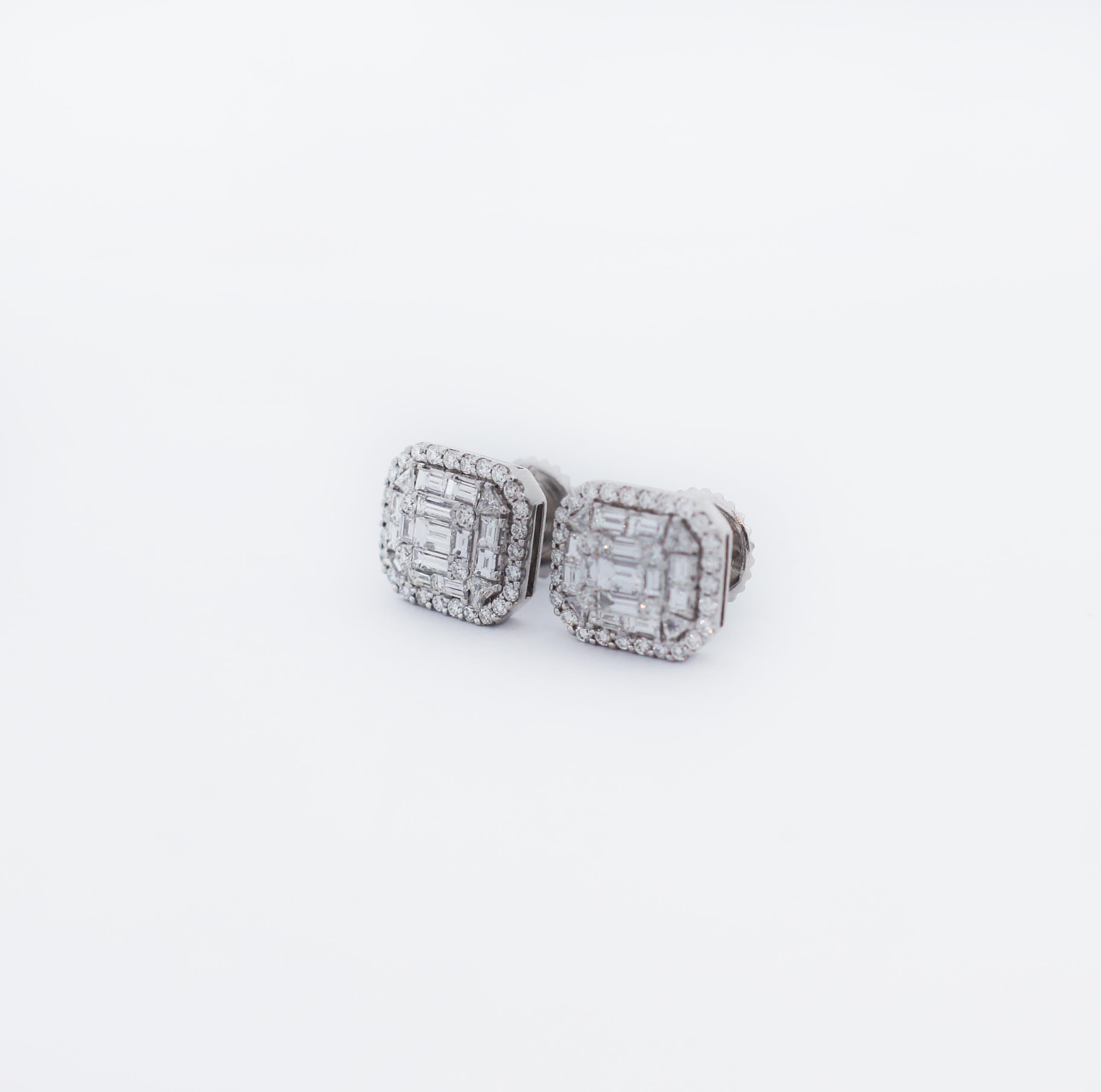 Stunning 18K White Gold Diamond Baguette Cluster Stud Earrings For Sale 3