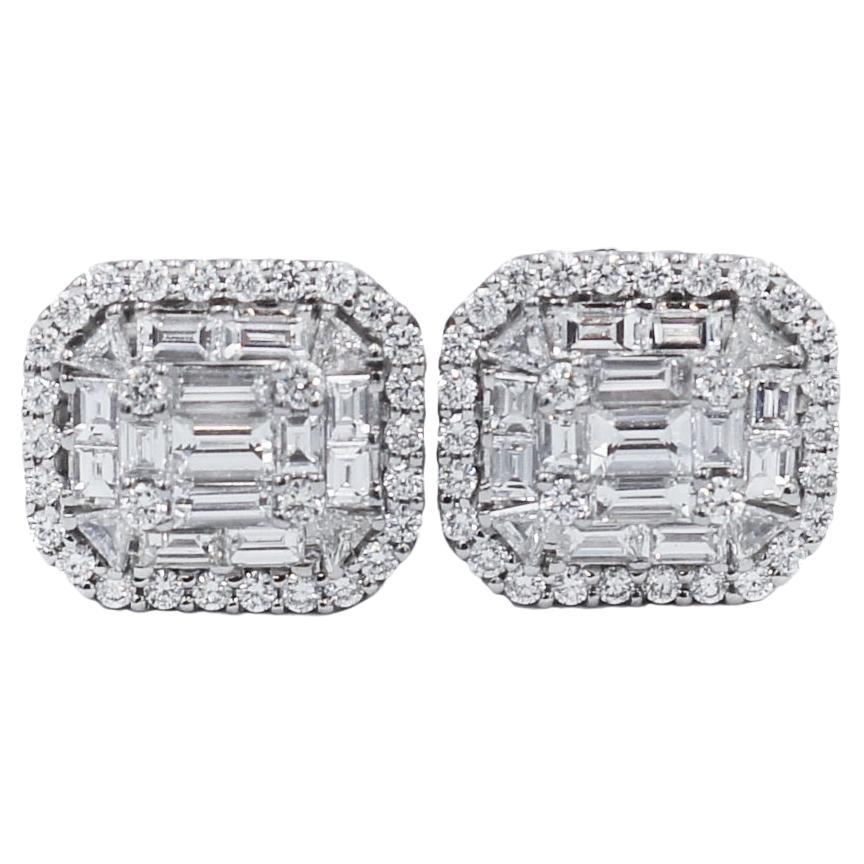 Stunning 18K White Gold Diamond Baguette Cluster Stud Earrings