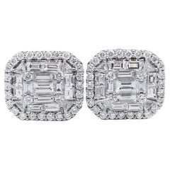 Stunning 18K White Gold Diamond Baguette Cluster Stud Earrings