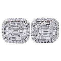 Stunning 18K White Gold Diamond Baguette Cluster Stud Earrings