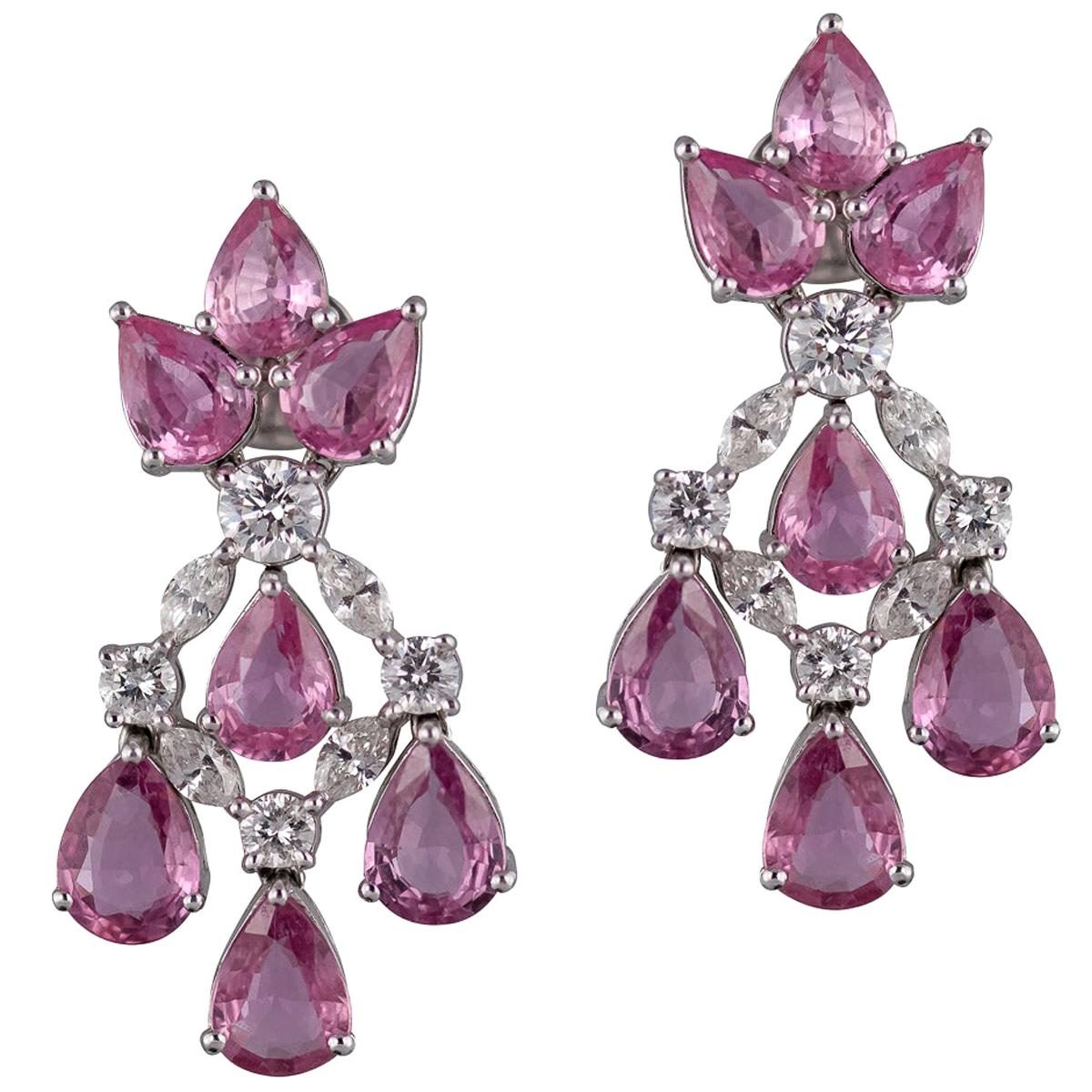 Stunning 18 Karat White Gold, Diamond and Pink Sapphire Earrings For Sale