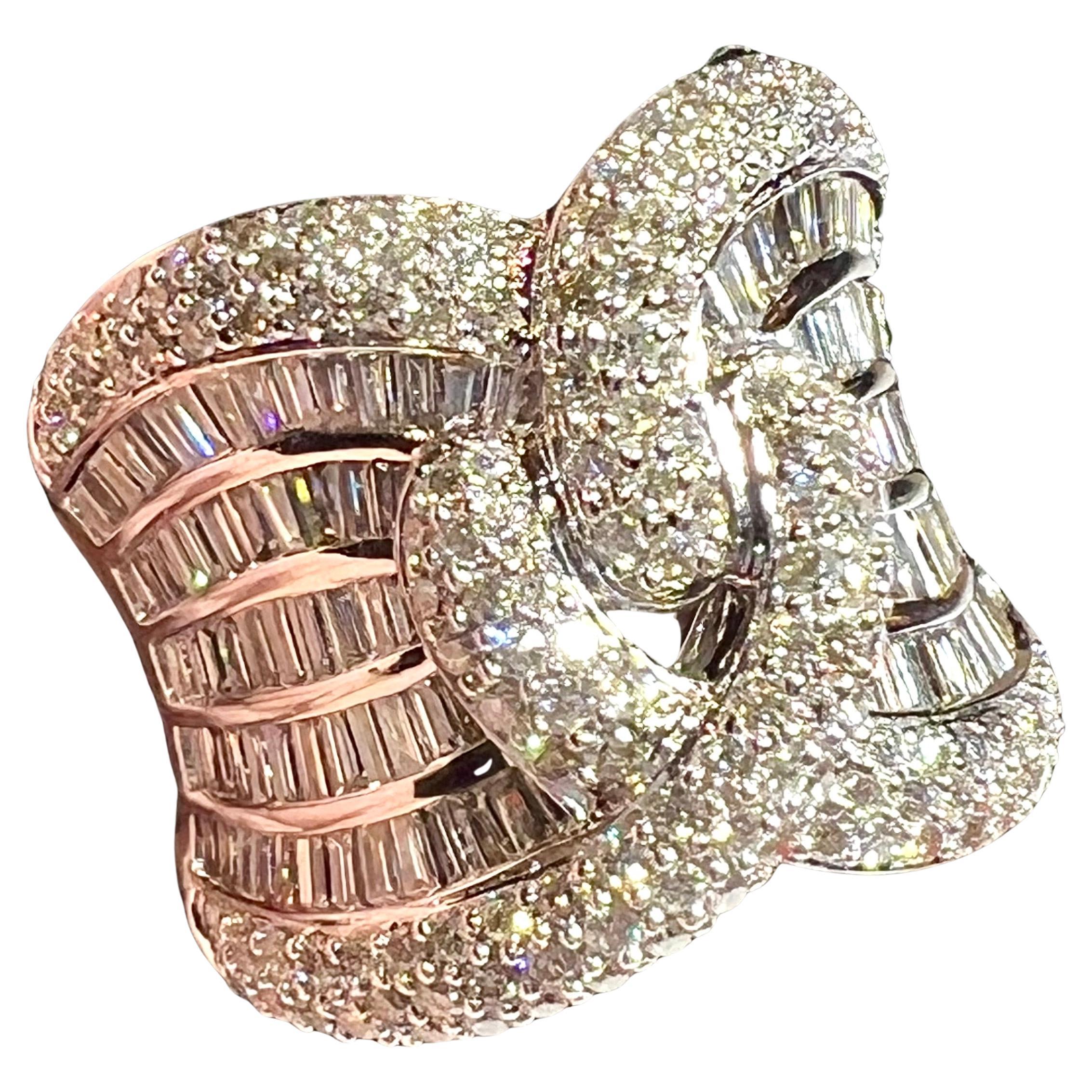 Stunning 18K White Gold Knot Ring with 4ct Baguette & Round Diamonds For Sale
