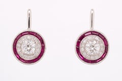 Stunning 18K White Gold Old Mine Diamond & Baguette Ruby Double Halo Earrings