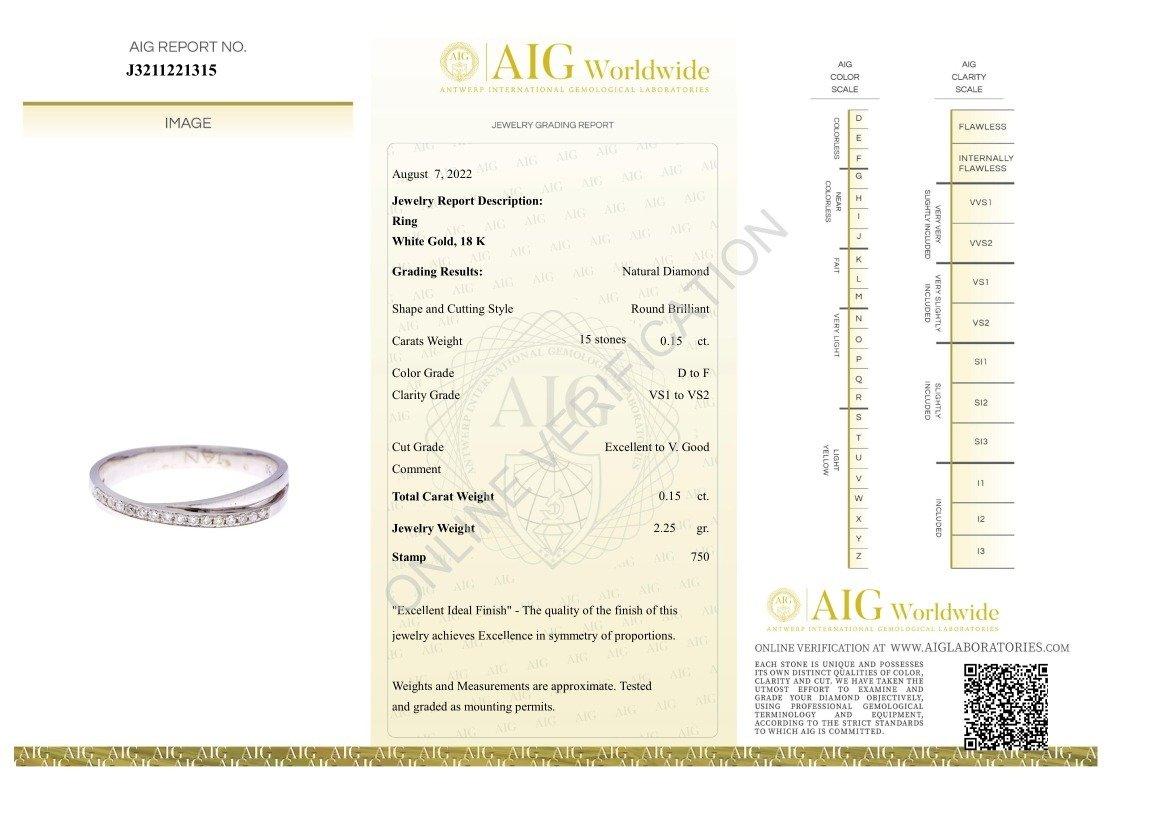 A beautiful ring made from 18k white gold with 0.15 total carat of round brilliant diamonds. This ring comes with an AIG certificate and a fancy box.

-15 diamond main stone of 0.01 each, total: 0.15 ct.
cut: round brilliant
color: D-F
clarity: