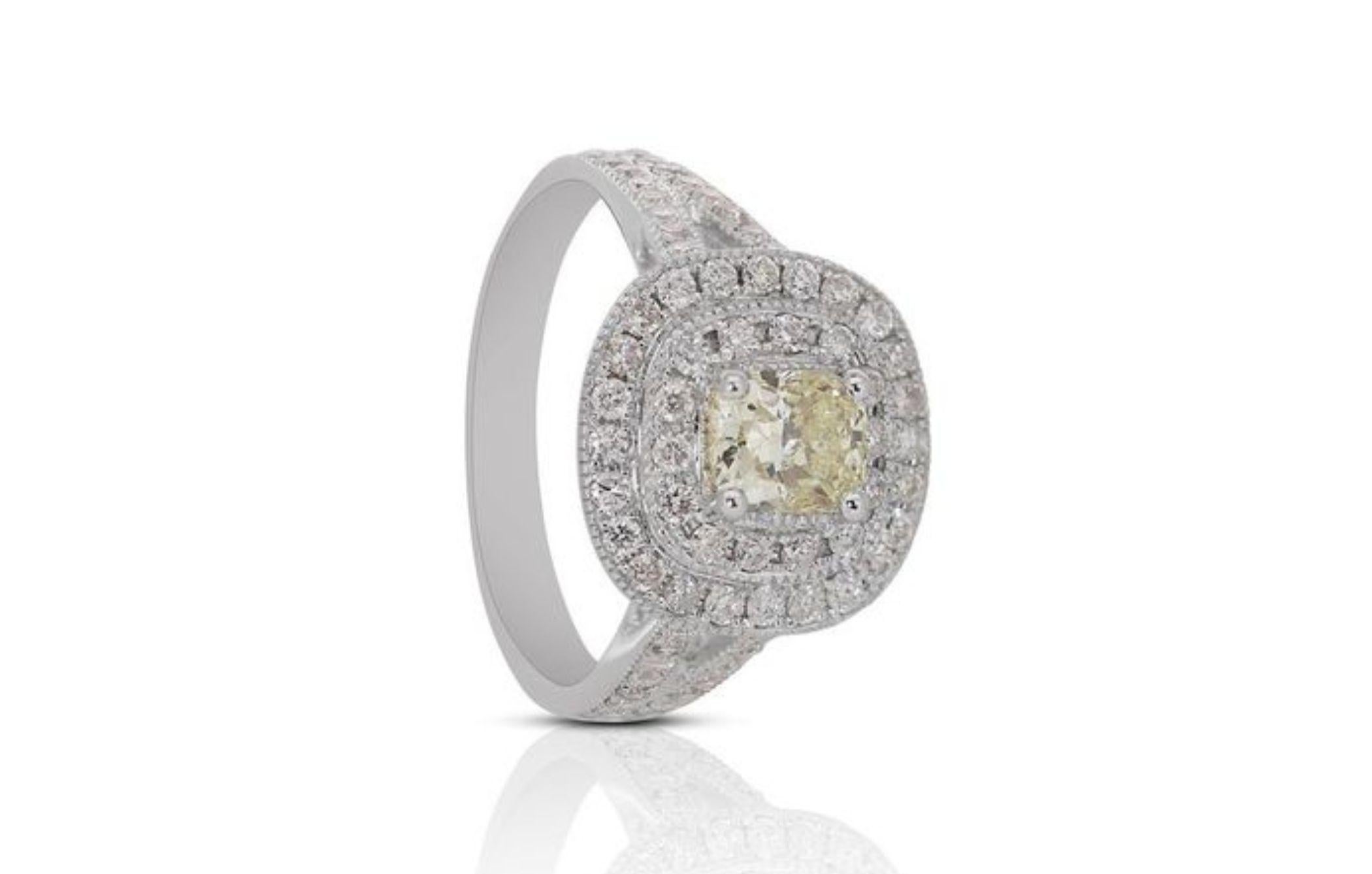 Stunning 18k White Gold Pave Ring with 1.53ct Yellow Stone Center For Sale 2