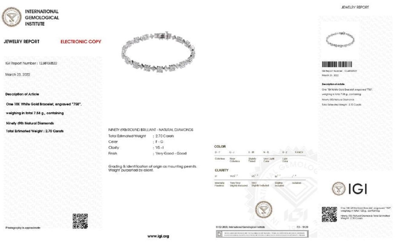 Atemberaubendes Tennisarmband aus 18 Karat Weigold mit 2,70 Karat natrlichen Diamanten, IGI-zertifiziert 2