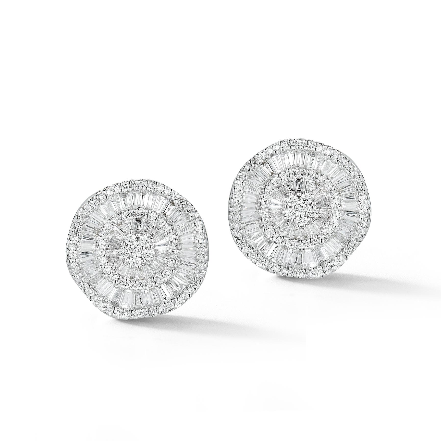 Stunning 18K White Gold Unique Swirl, Button-Design Earrings with 156 Flawless Round Diamonds weighing 1.66 Carats & 108 Flawless Baguette-shaped Diamonds weighing 3.86 Carats. 