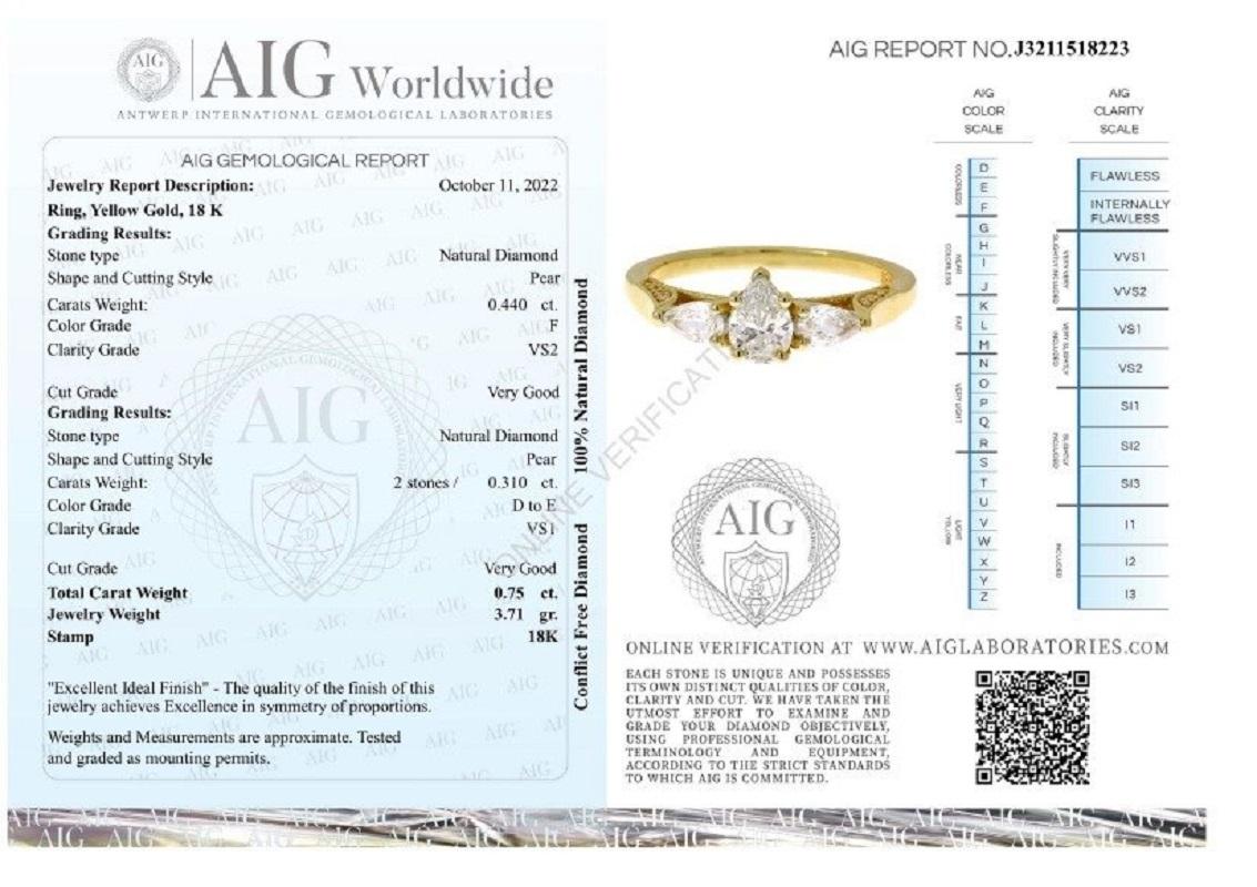 Stunning 18k Yellow Gold 3 Stone Ring 0.75 Ct Natural Diamonds, AIG Certificate 1