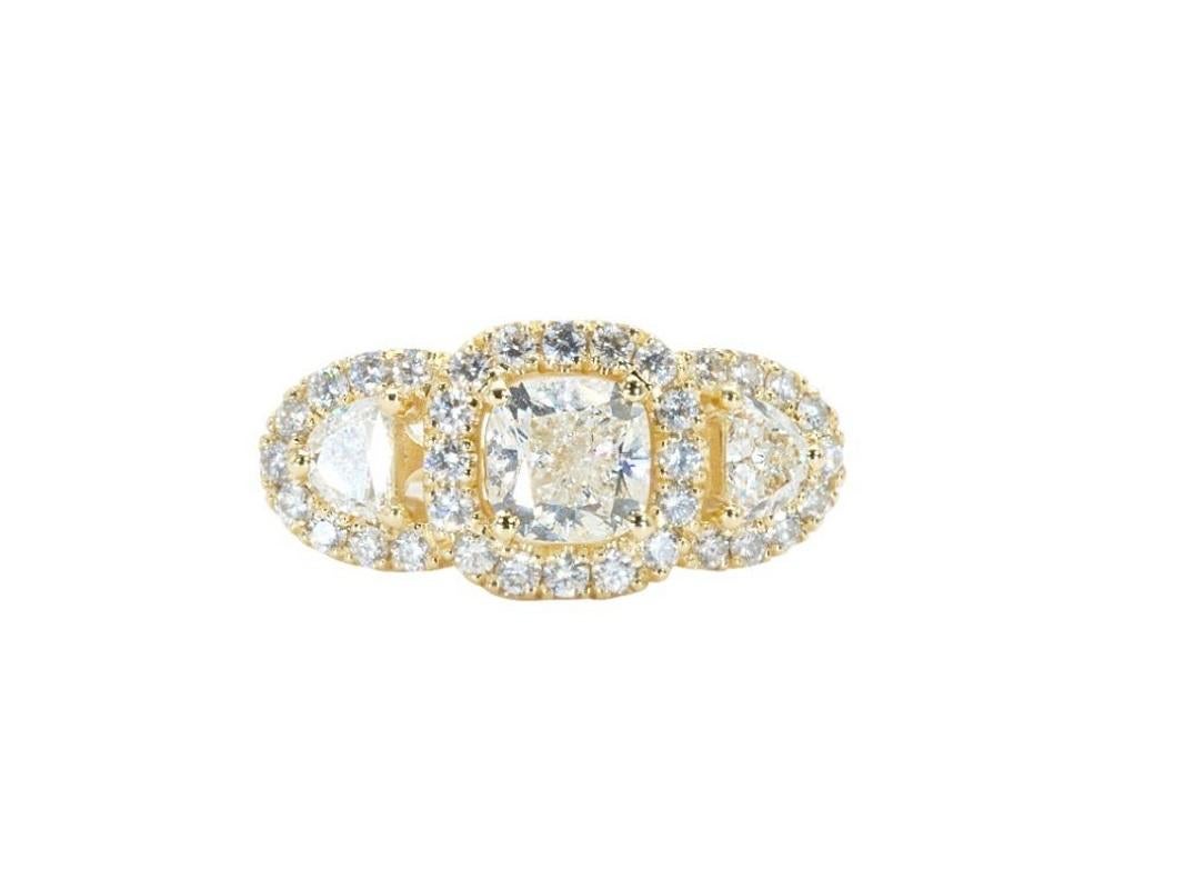 Stunning art deco style ring made from 18k yellow gold with 2.39 total carat of cushion shape diamond, half moon shape diamonds, and round brilliant diamonds. This ring comes with an AIG certificate and a fancy box.

-1 diamond main stone of 1.20