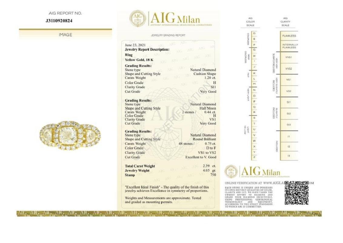 Cushion Cut Stunning 18K Yellow Gold Art Deco Ring with 2.39 Ct Natural Diamonds, AIG Cert
