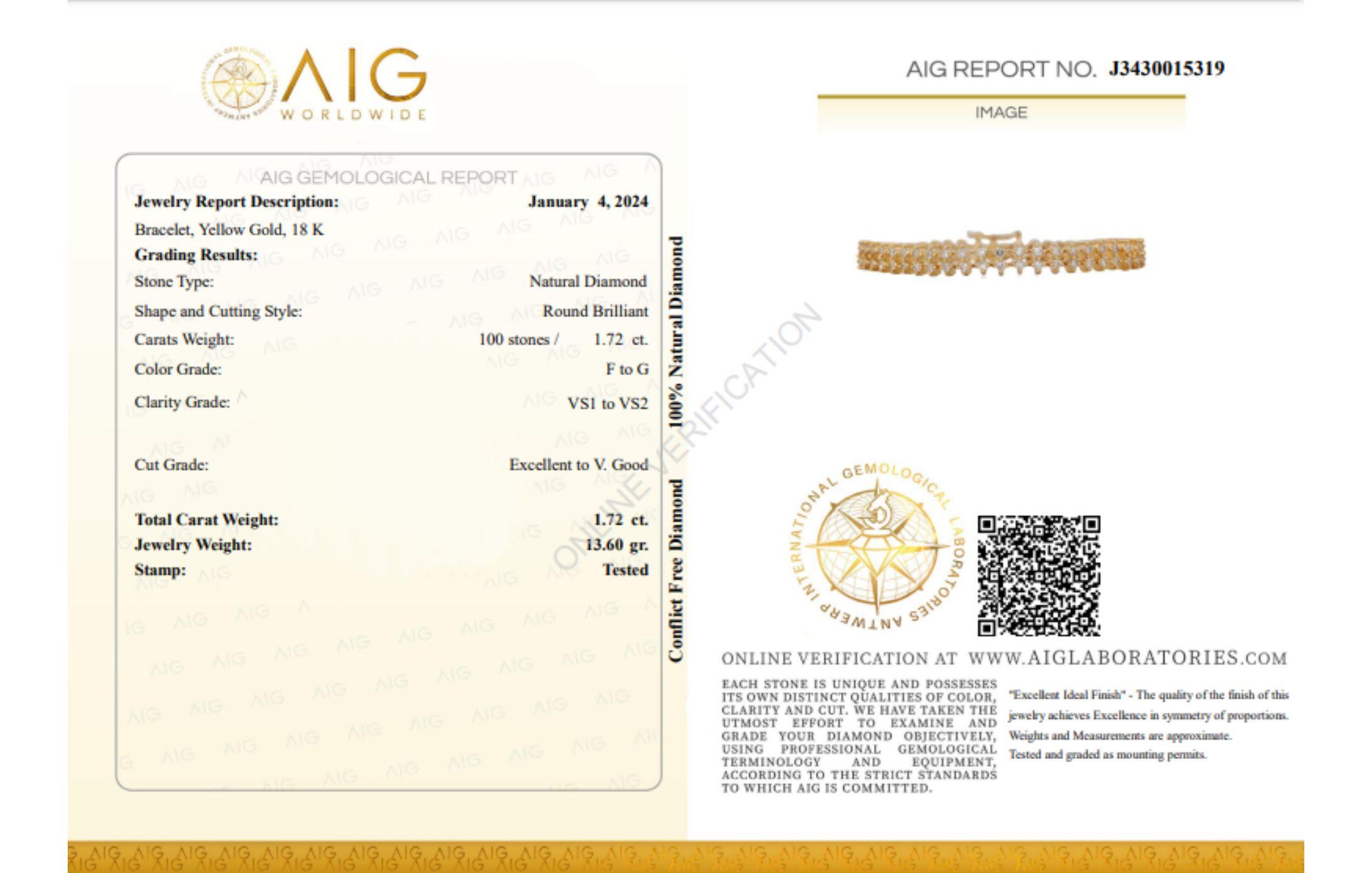 Superbe bracelet en or jaune 18 carats avec 1,72 carat de diamants naturels en vente 3