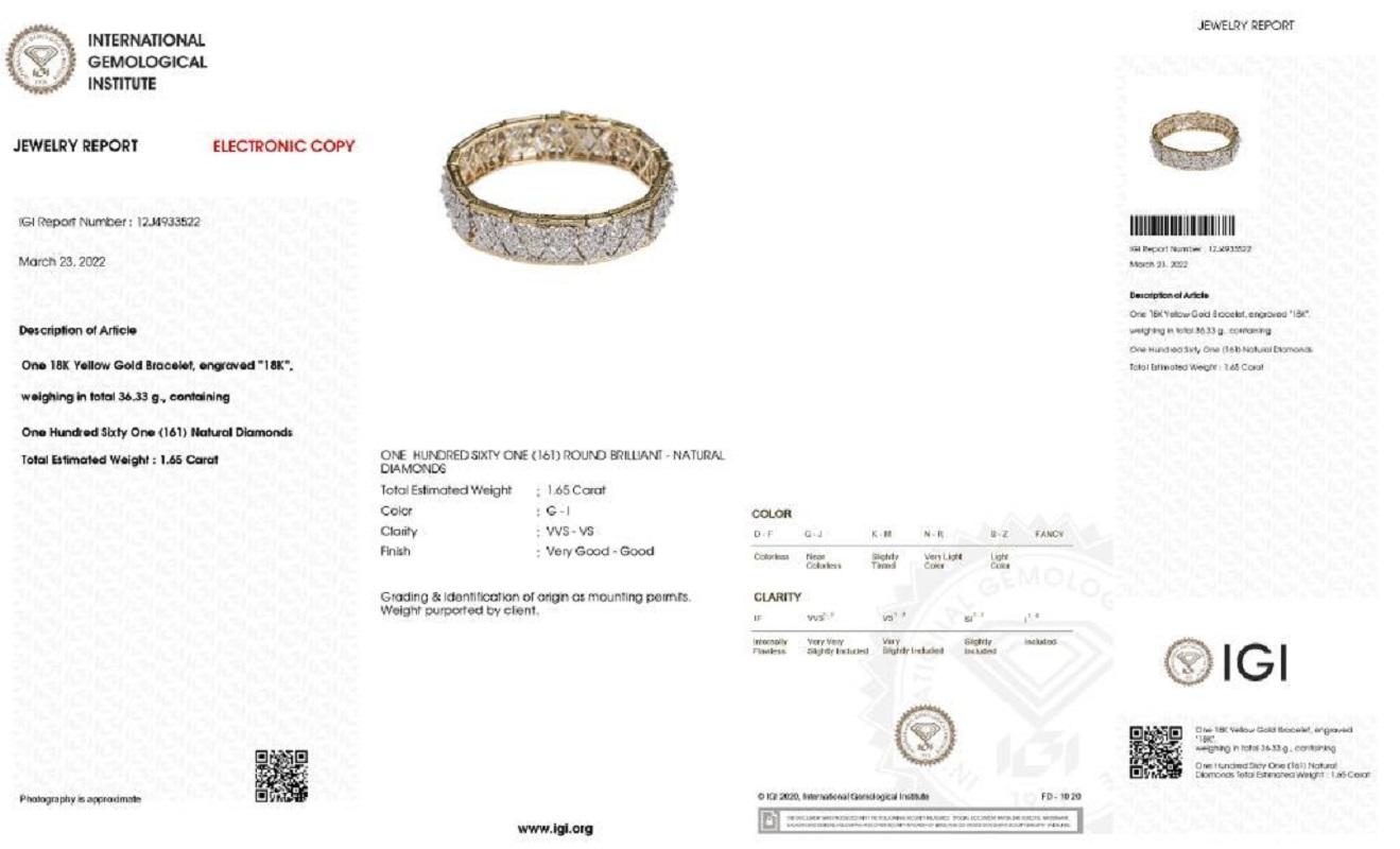Stunning 18K Yellow Gold Bracelet with 1.65 ct Natural Diamonds IGI Cert For Sale 3