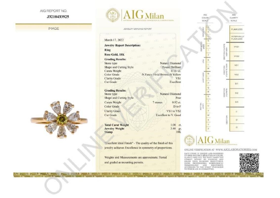 Mixed Cut Stunning 18k Yellow Gold Flower Ring with 1.08 Ct Natural Diamond, AIG Cert For Sale