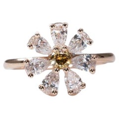 Superbe bague fleur en or jaune 18 carats avec diamant naturel de 1,08 carat, certifié AIG