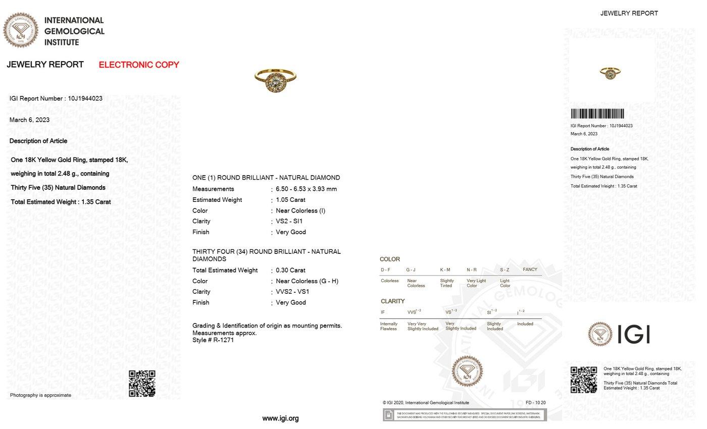 Round Cut Stunning 18k Yellow Gold Halo Ring with 1.35 Natural Diamonds IGI Certificate