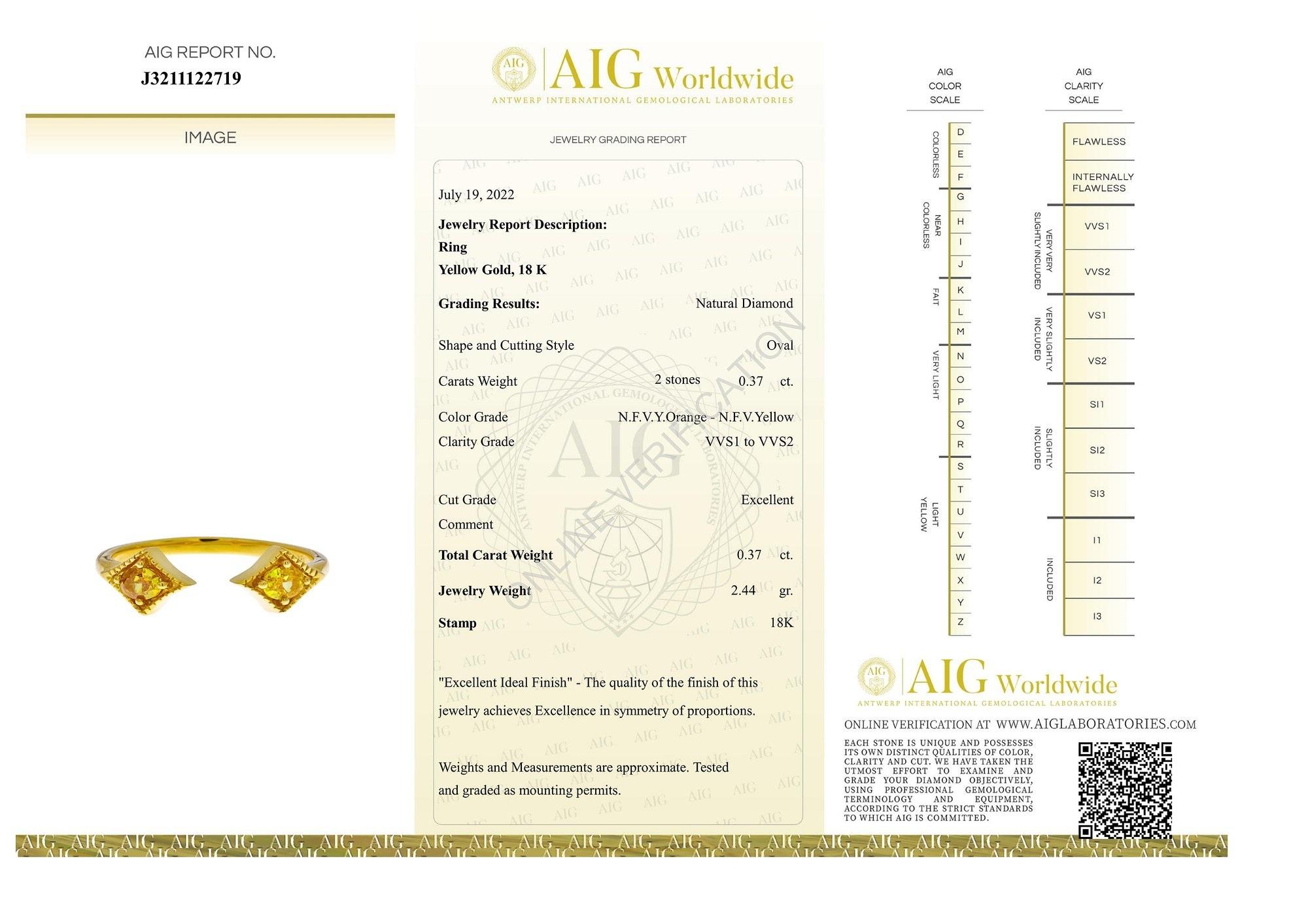 Stunning open ring made from 18k yellow gold with 0.37 total carat of fancy oval diamonds. This ring comes with an AIG certificate and a fancy box.

-1 diamond main stones of 0.185 ct. each, total: 0.37 ct.
cut: oval
color: natural fancy vivid