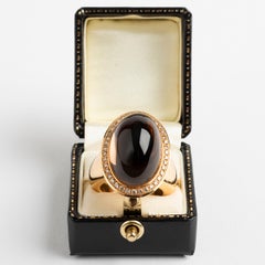 Stunning 18 Carat Yellow Gold Smokey Quartz and Diamond Cabochon Dress Ring