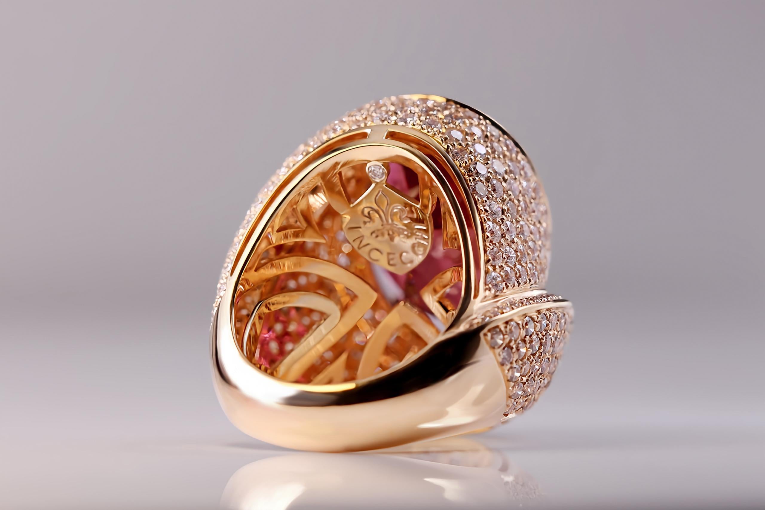 Women's or Men's Stunning 18kt Rose Gold Ring: 19.45 Ct Natural Red Oval Tourmaline with Diamonds For Sale