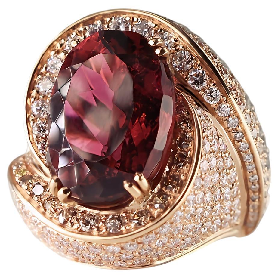 Stunning 18kt Rose Gold Ring: 19.45 Ct Natural Red Oval Tourmaline with Diamonds For Sale