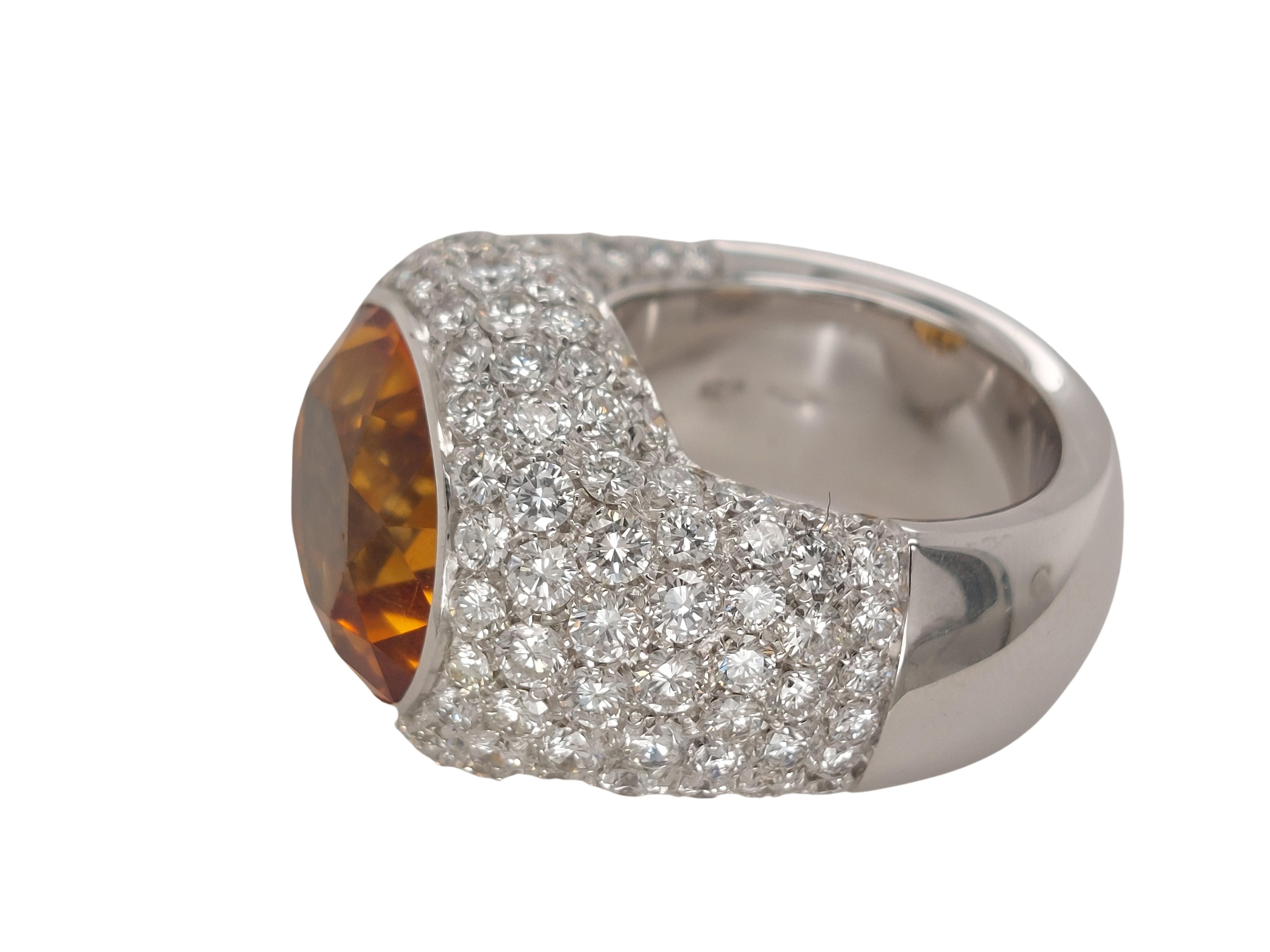 Brilliant Cut Stunning 18kt Solid White Gold Ring with 6.4ct Diamonds and Big Citrine Stone For Sale