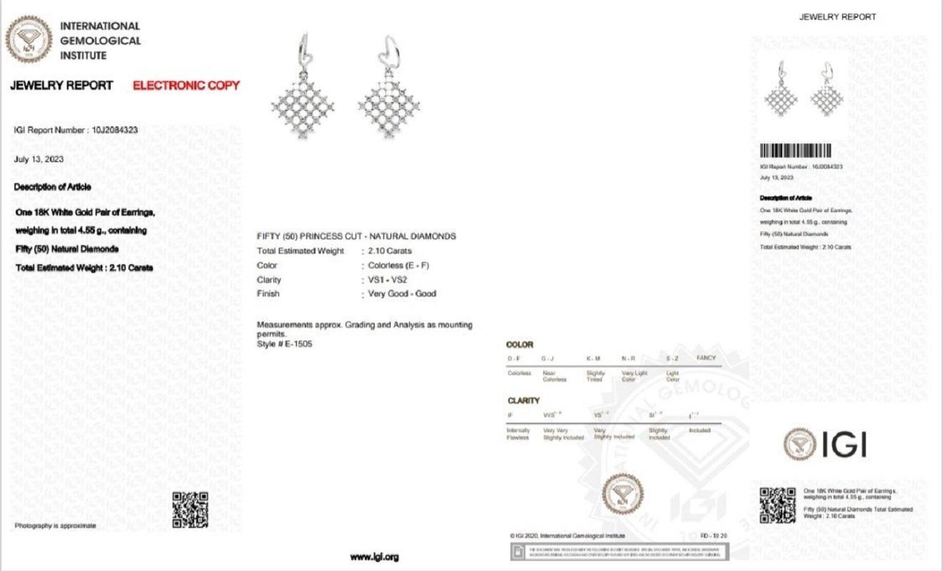 Stunning 2.1 Carat Princess Cut Diamond Earrings in 18K White Gold with IGI Certificate and Jewelry Box

These exquisite earrings feature a dazzling 2.1 carat princess cut natural diamonds in each earring, set in a high-quality 18K White Gold