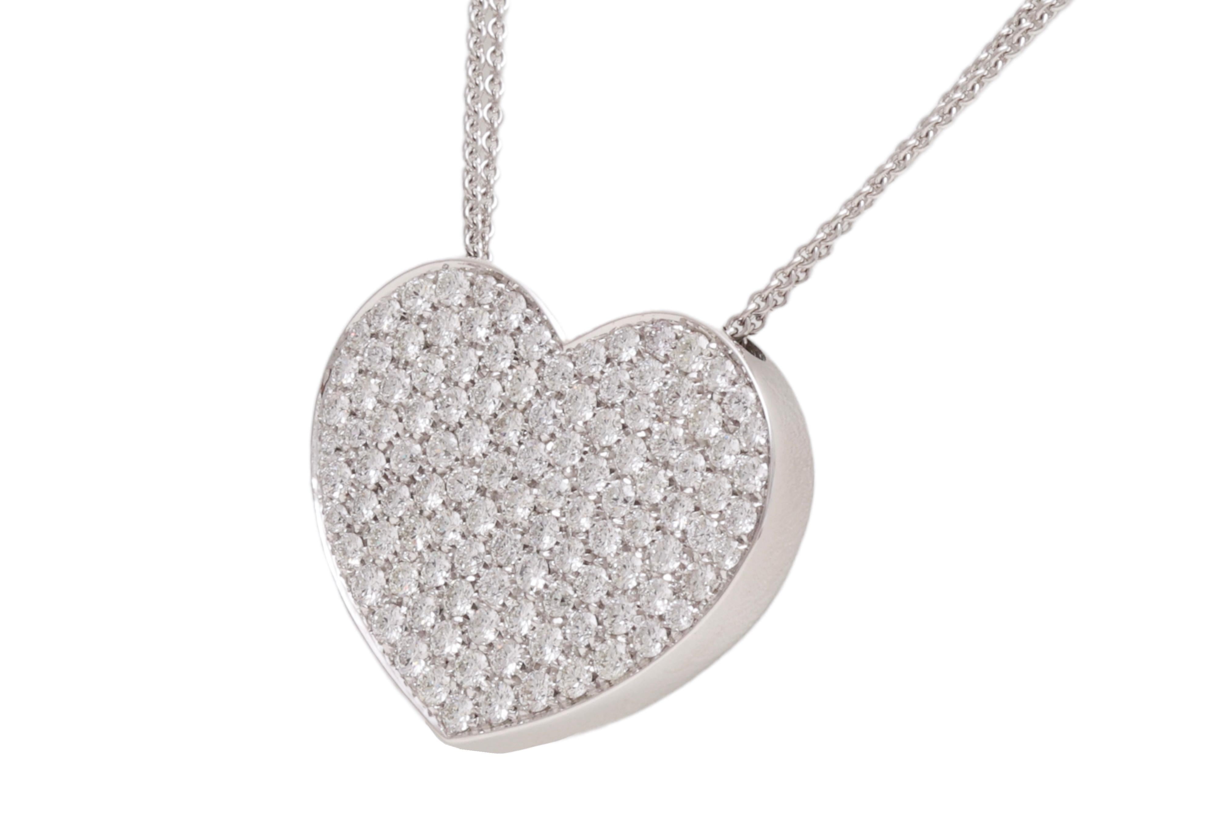 Stunning 18kt White Gold Heart Shaped Necklace Set With 3.40ct Diamonds, Comes with a fancy 18kt white gold double chain

Diamonds: Brilliant cut diamonds together 3.40ct of top

Material: 18kt White gold

Measurements: 31 mm x 25.7 mm x 4.4