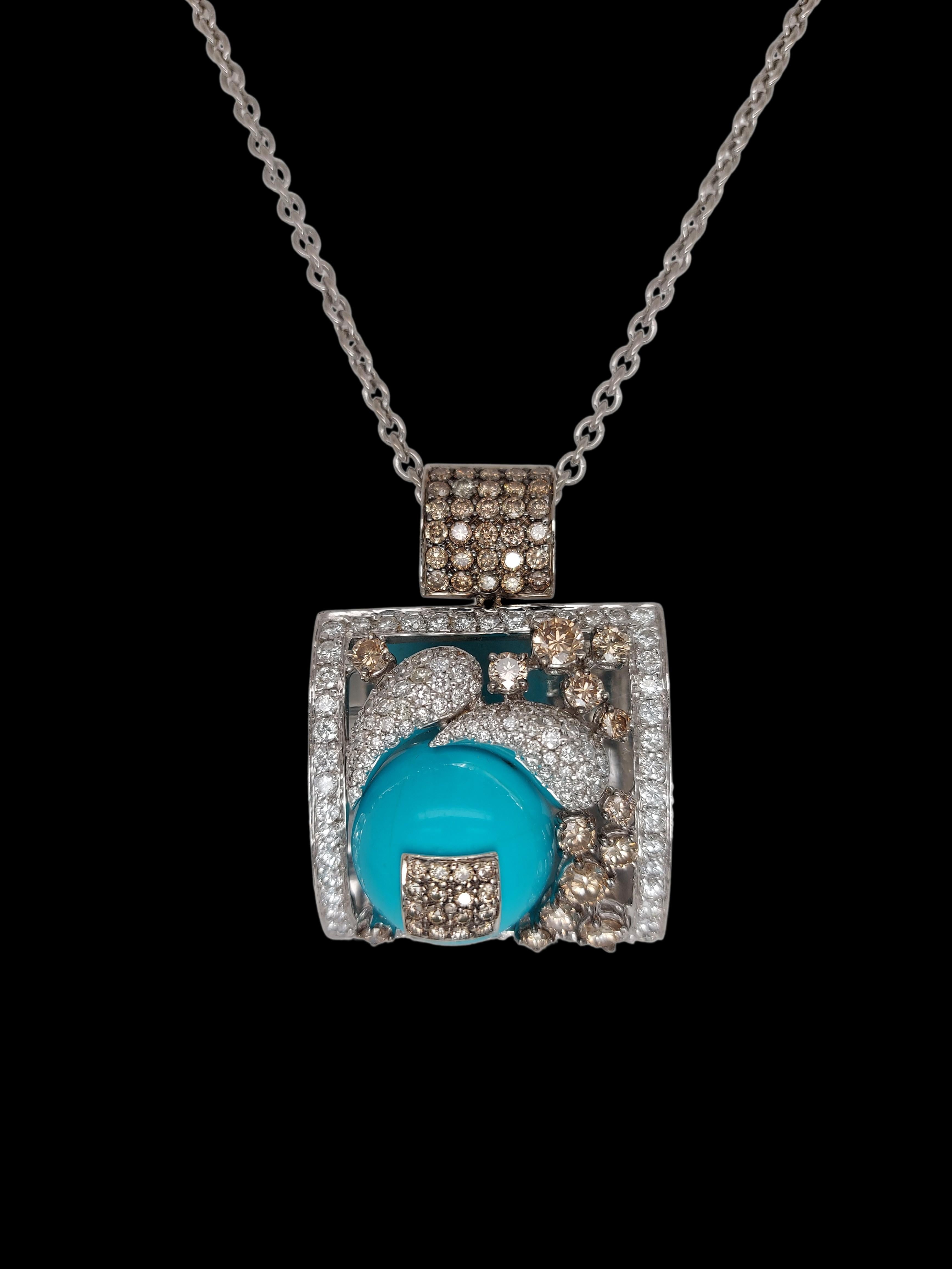 Artisan Stunning 18kt White Gold Pendant / Necklace with Turquoise and Diamonds