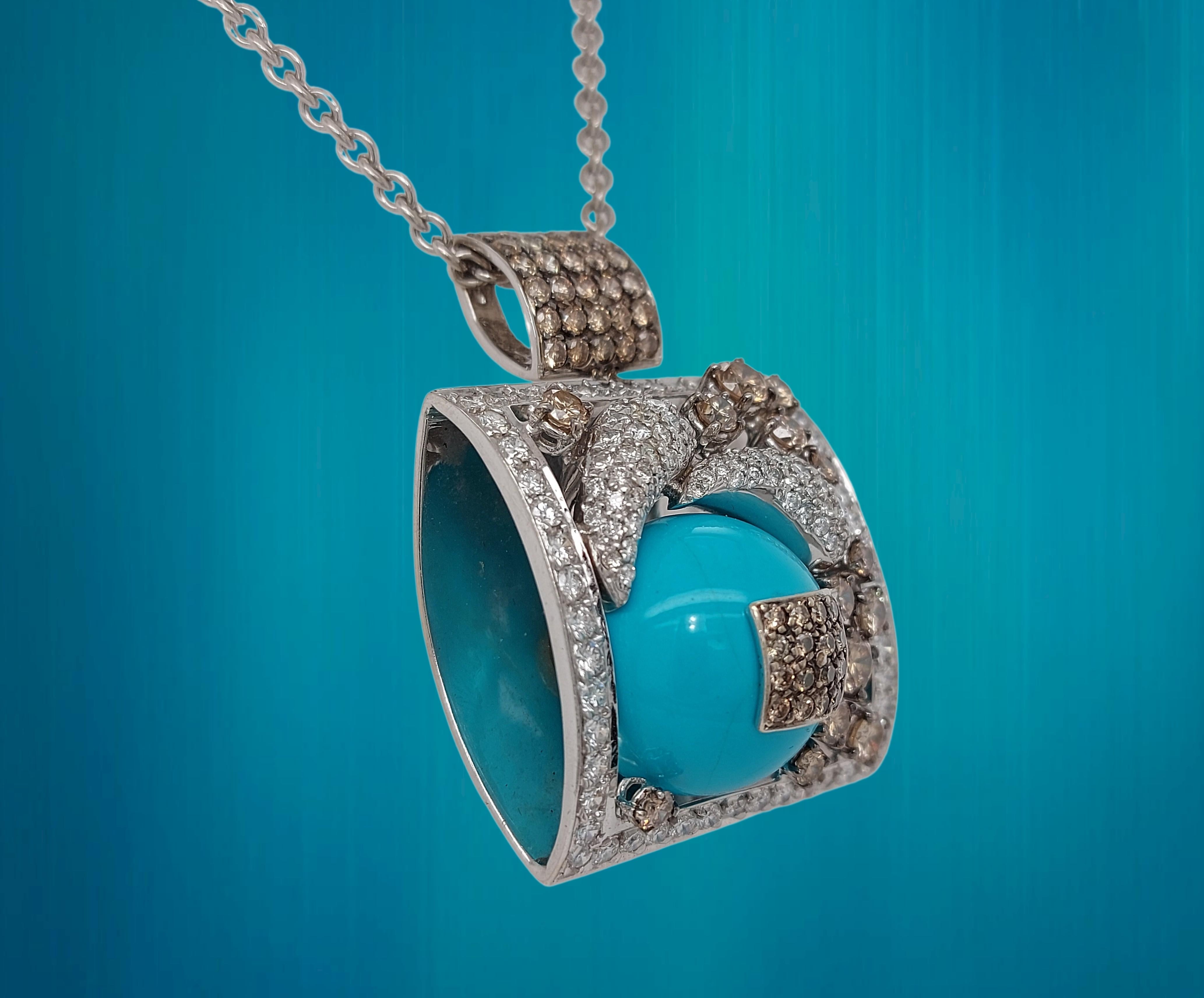 Brilliant Cut Stunning 18kt White Gold Pendant / Necklace with Turquoise and Diamonds